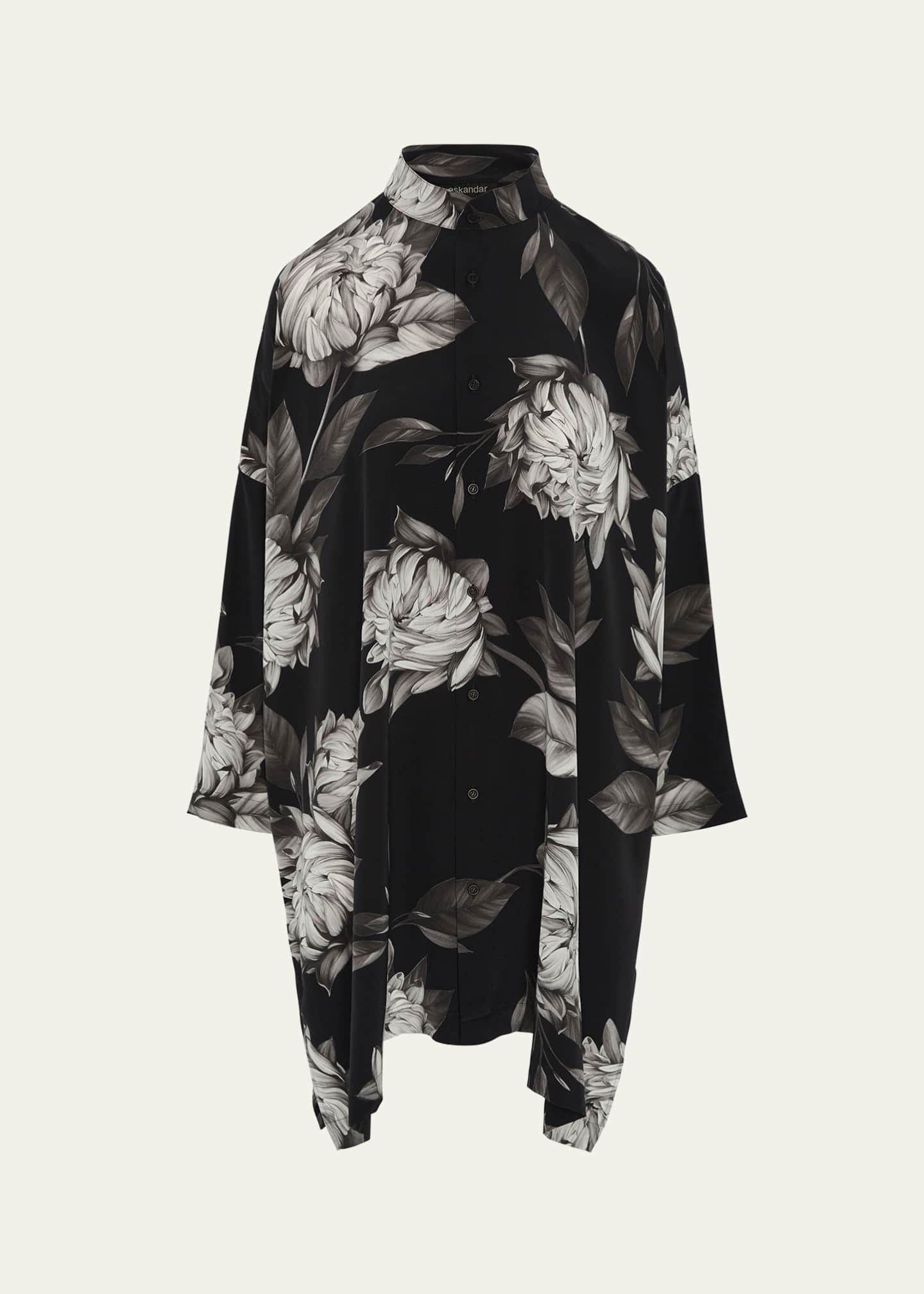 Eskandar Wide Longer-Back Collarless Shirt With Slits (Very Long Length) Image 1 of 5
