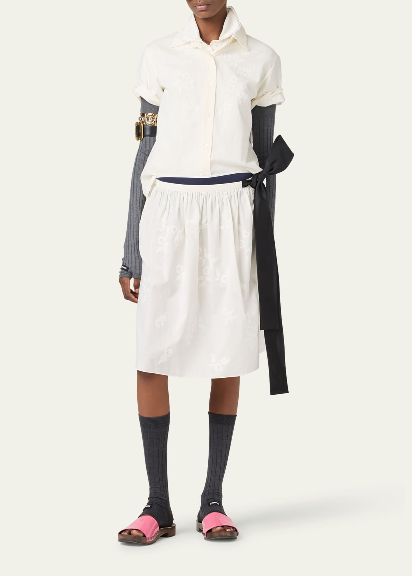 Miu Miu Batista Flower Embroidered Short-Sleeve Button-Down Shirt Image 2 of 3