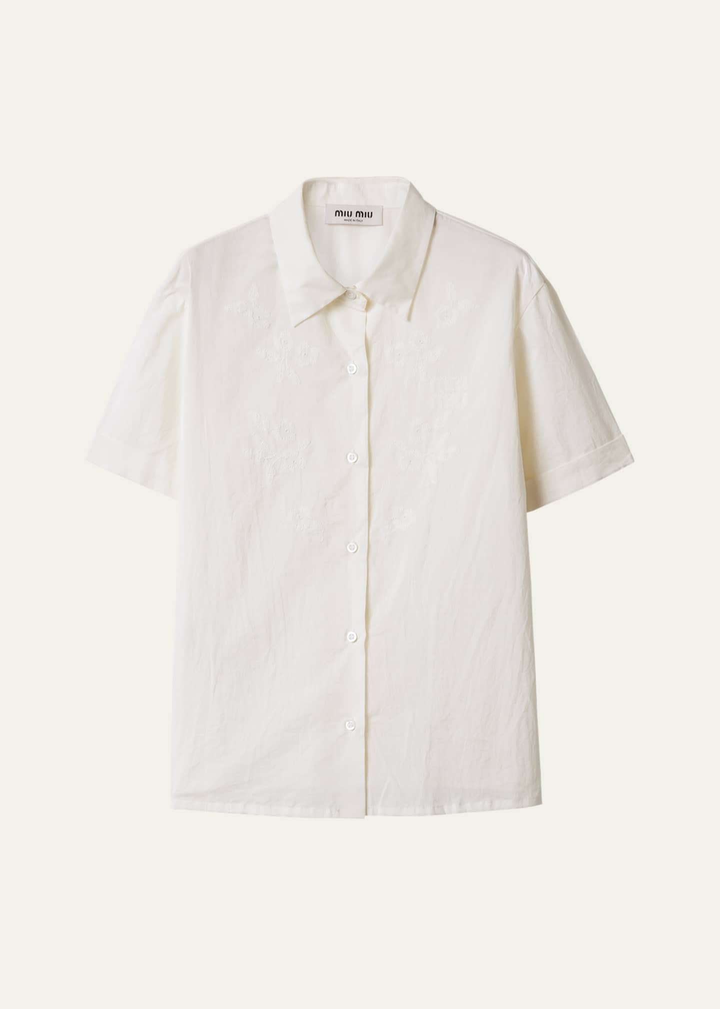Miu Miu Batista Flower Embroidered Short-Sleeve Button-Down Shirt Image 1 of 3