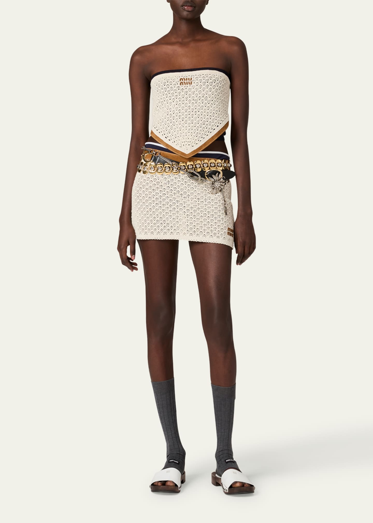 Miu Miu Cotton Crochet Pelle Mini Skirt Image 2 of 5