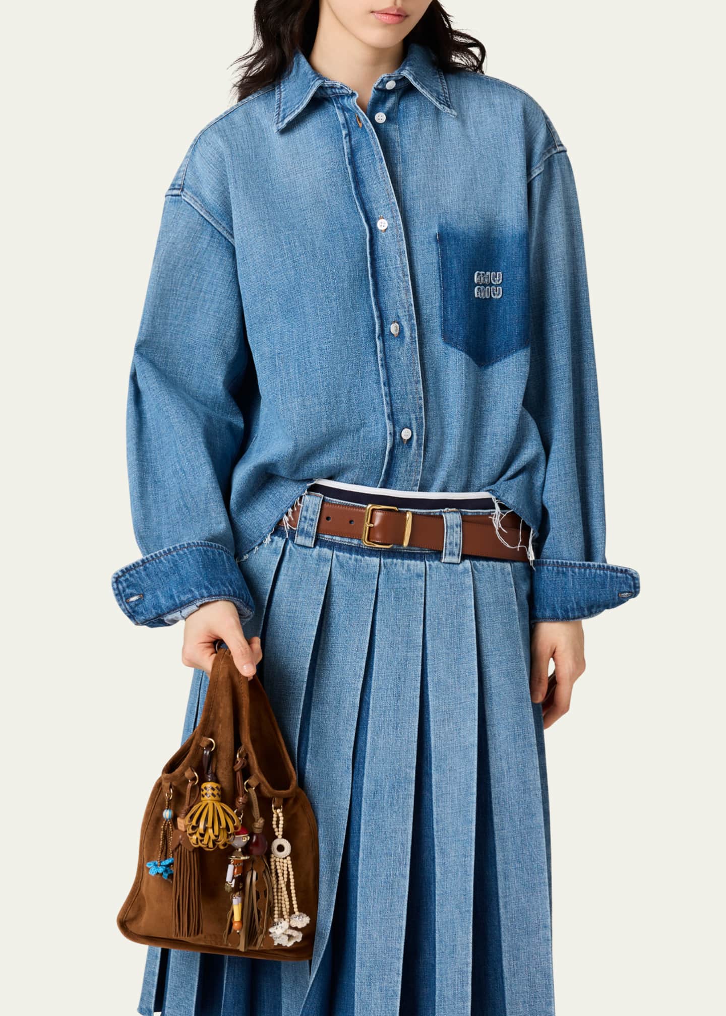 Miu Miu Denim Long-Sleeve Crop Button-Down Shirt - Bergdorf Goodman