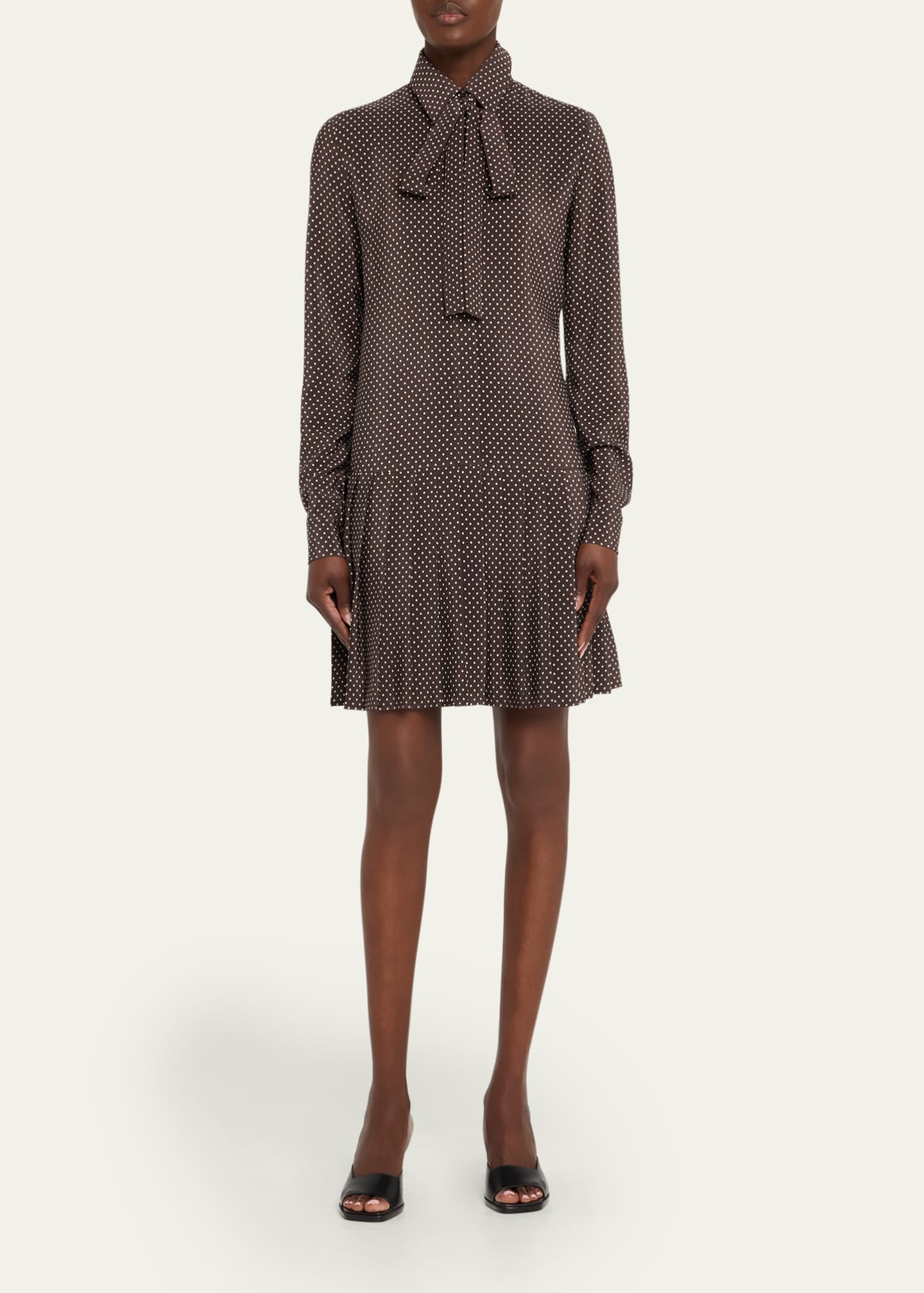Michael Kors Collection Polka-Dot Silk Pleated Drop-Waist Bow Mini Shirtdress Image 2 of 5