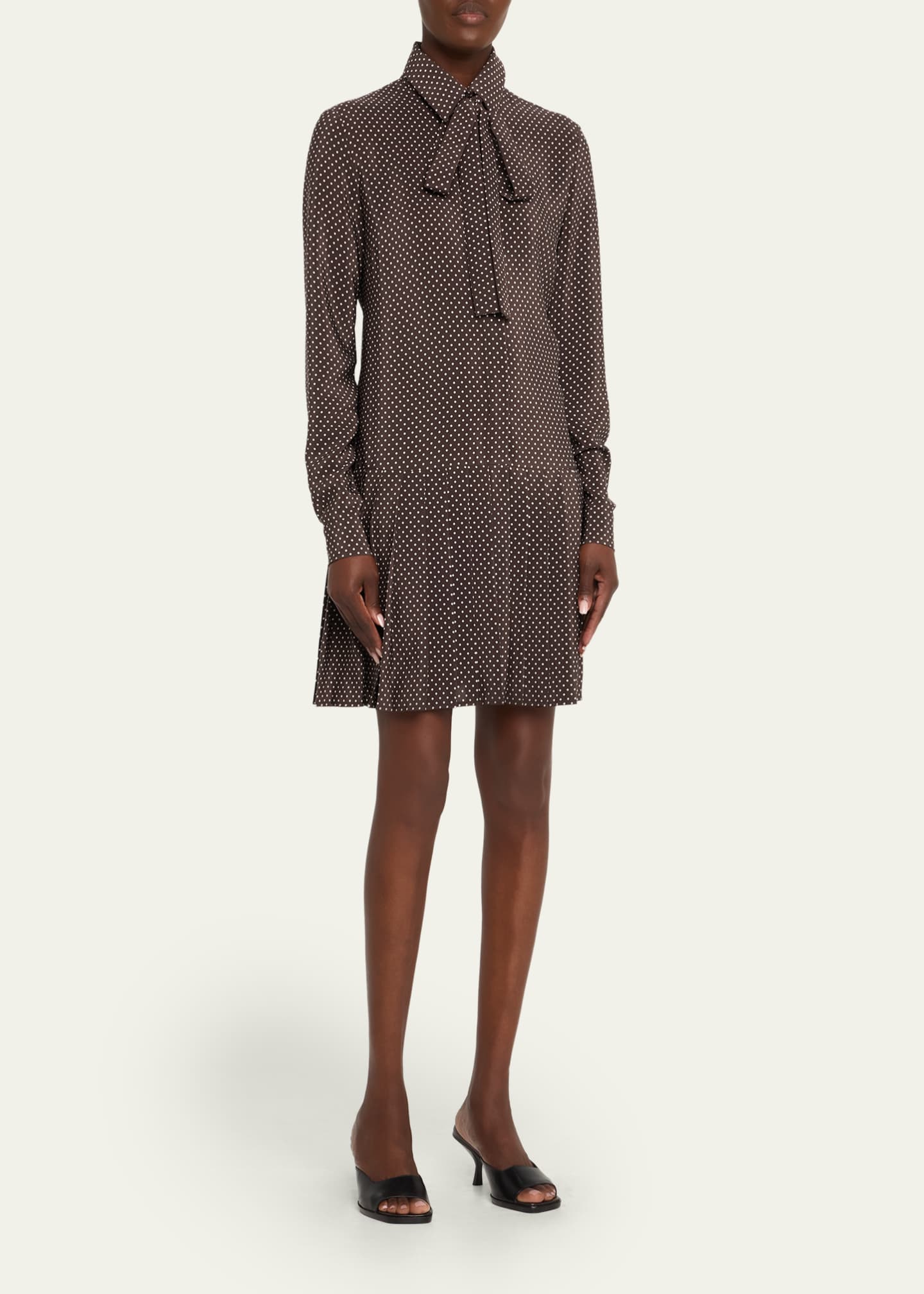 Michael Kors Collection Polka-Dot Silk Pleated Drop-Waist Bow Mini Shirtdress Image 4 of 5