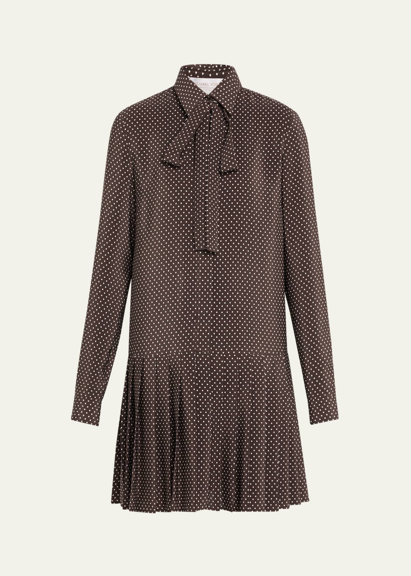 Michael Kors Collection Polka-Dot Silk Pleated Drop-Waist Bow Mini Shirtdress Image 1 of 5