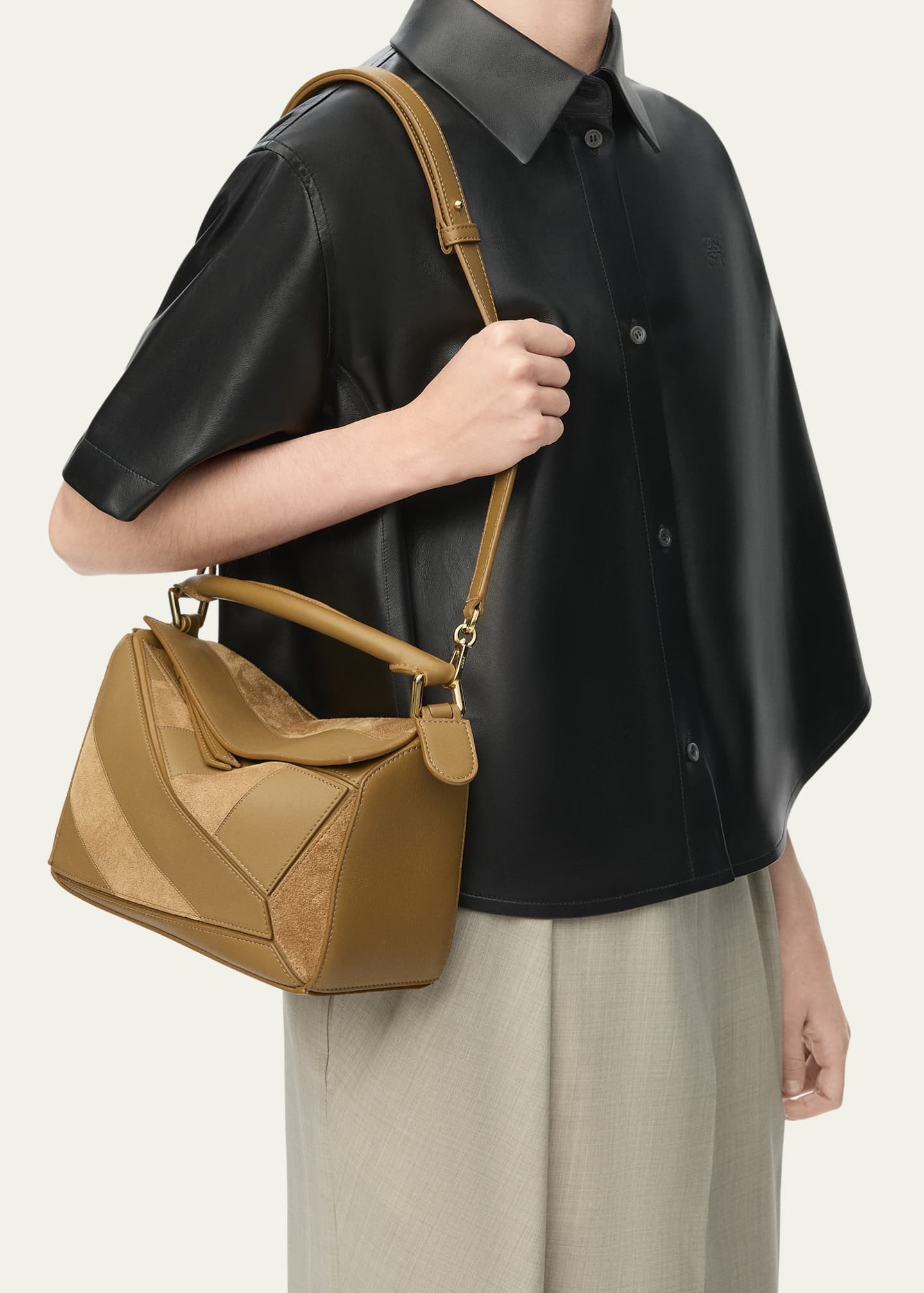 Loewe Puzzle Small Striped Top-Handle Bag in Leather & Suede Image 4 of 4