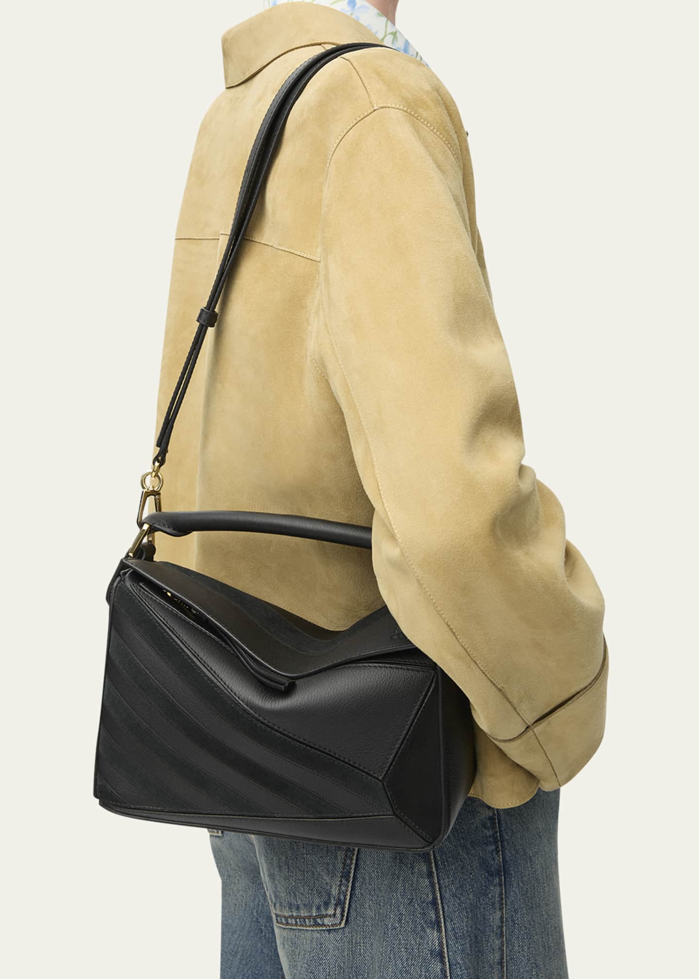 Loewe Puzzle Small Striped Top-Handle Bag in Leather & Suede Image 2 of 4