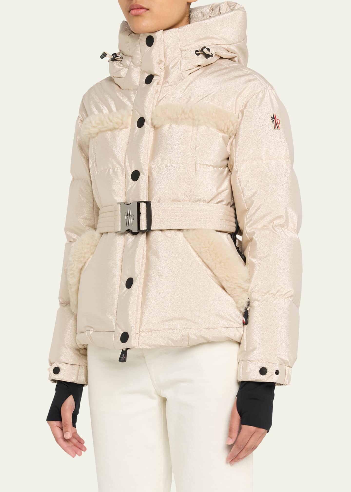 モンクレール Moncler Grenoble Mondim Metallic Shearling-Trimmed Hooded Down Ski