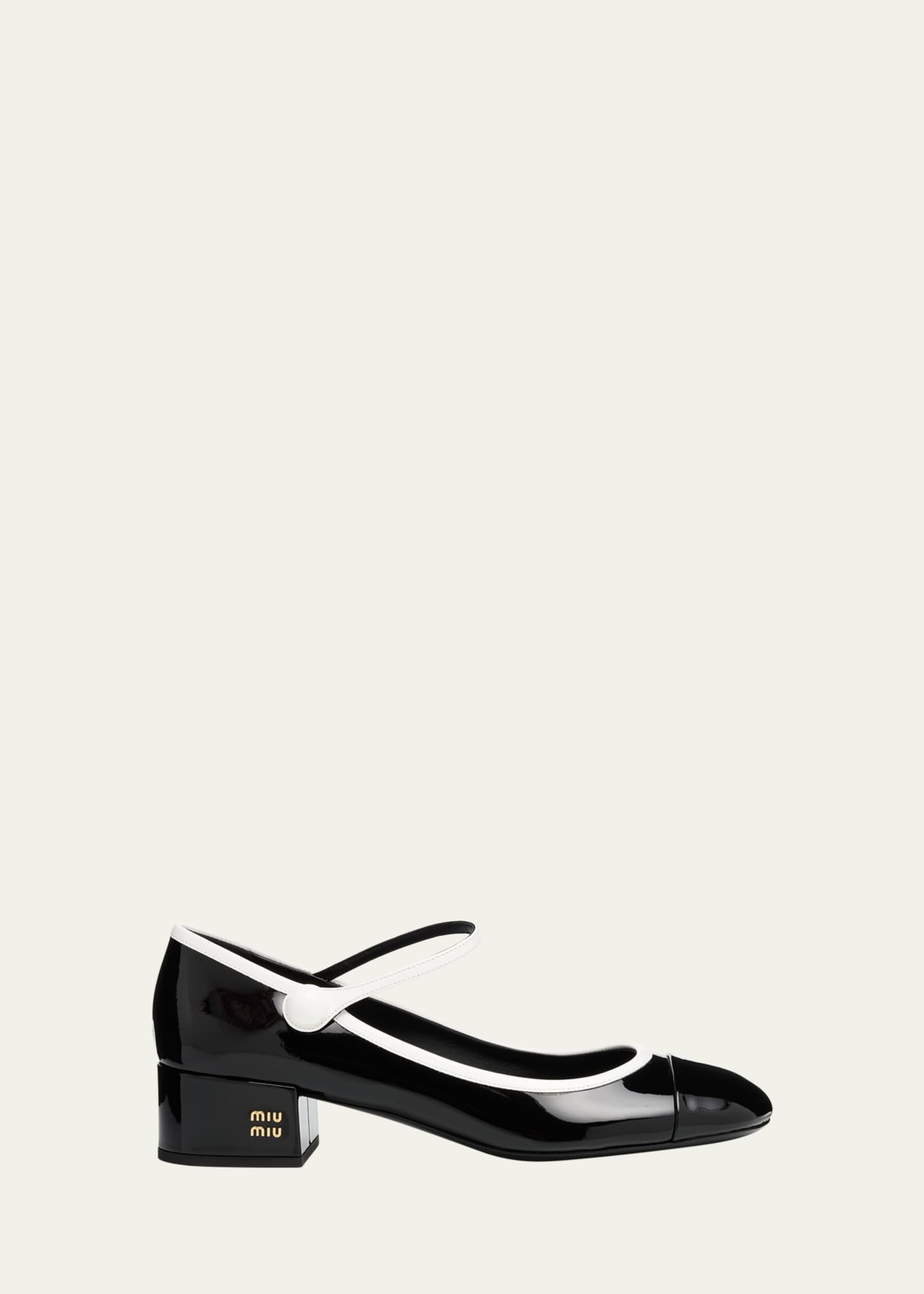 Miu Miu Bicolor Patent Leather Block-Heel Mary Jane Pumps