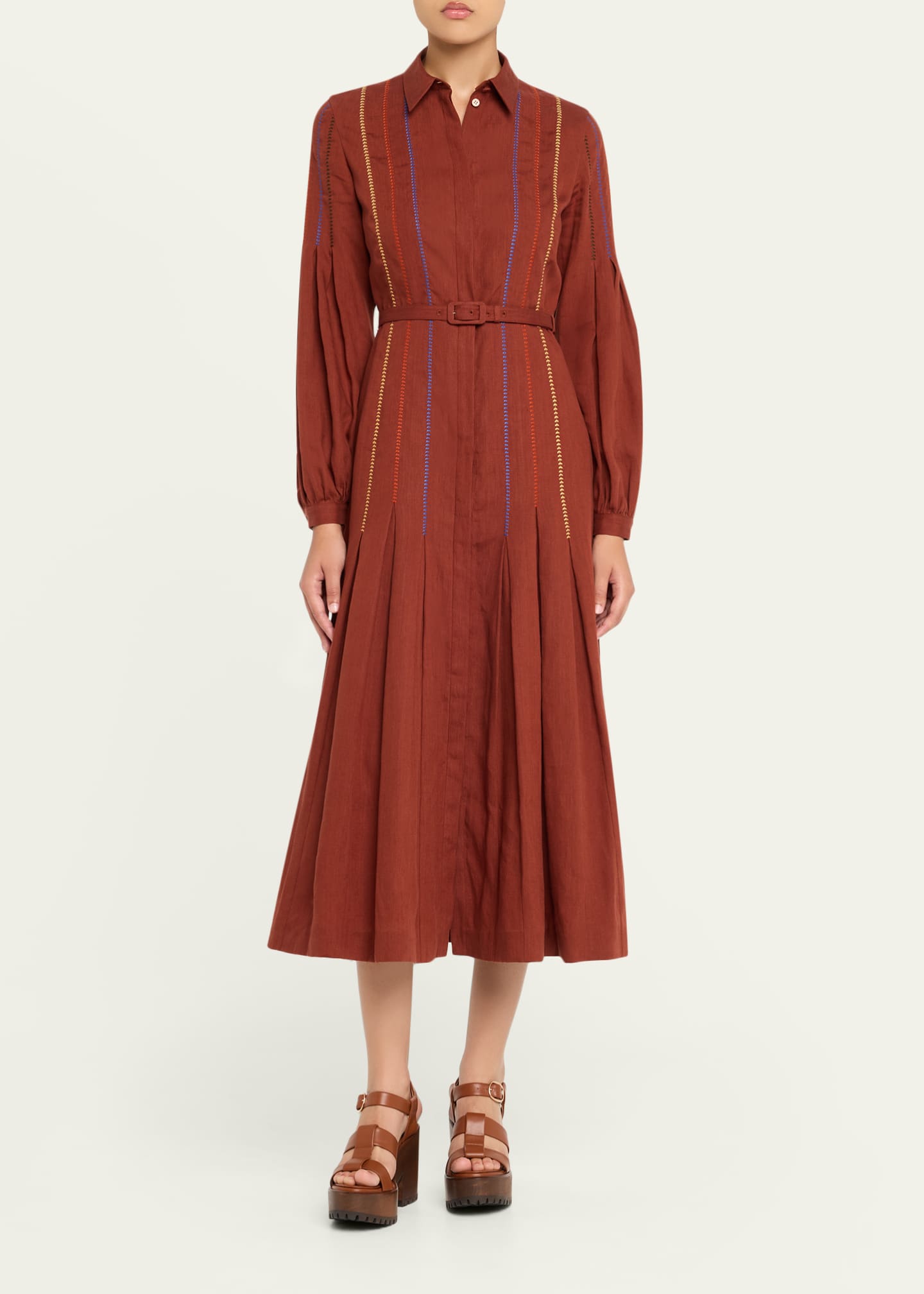 Gabriela Hearst Aleka Pleated Linen Long-Sleeve Midi Shirtdress Image 2 of 5