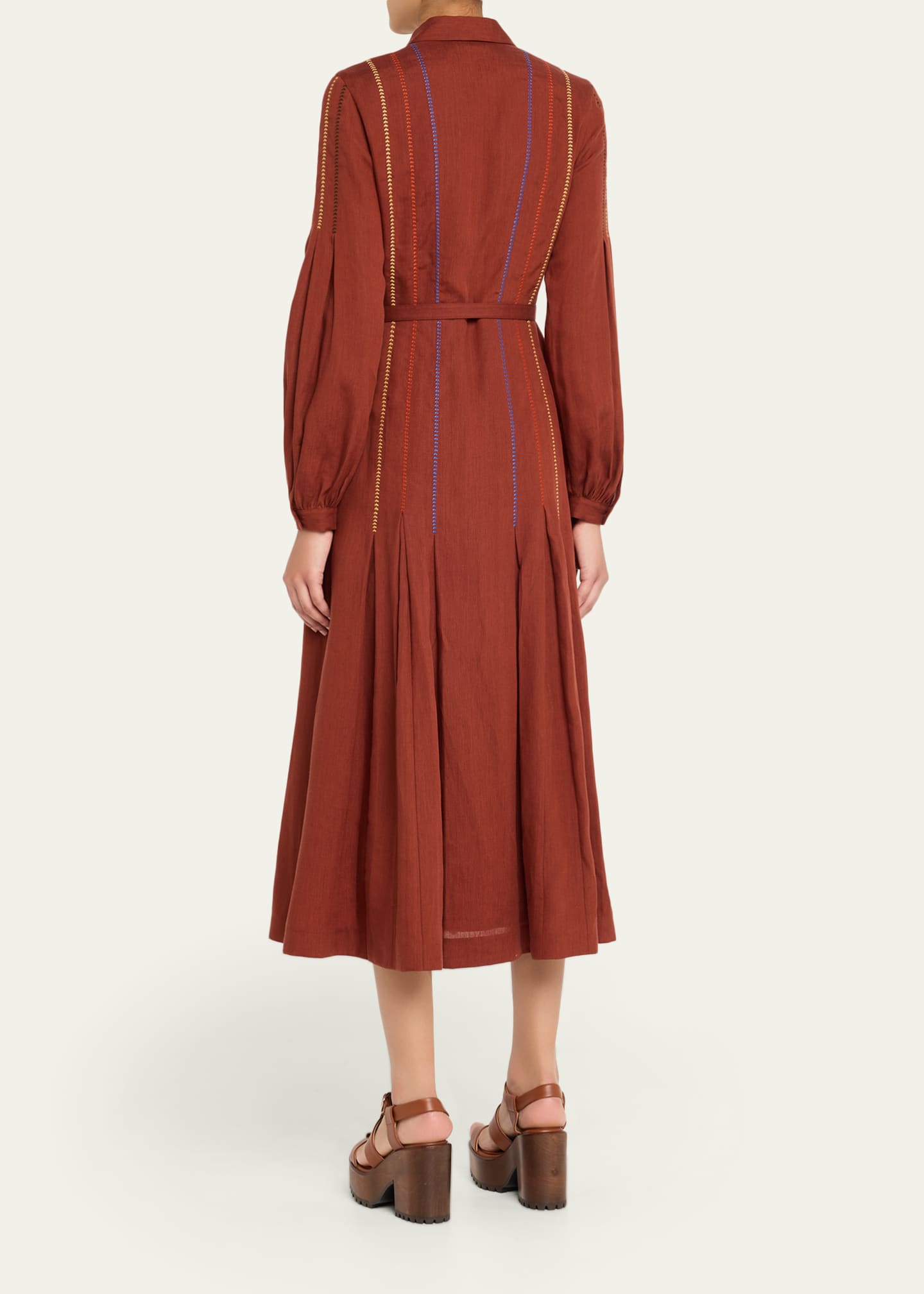 Gabriela Hearst Aleka Pleated Linen Long-Sleeve Midi Shirtdress Image 3 of 5