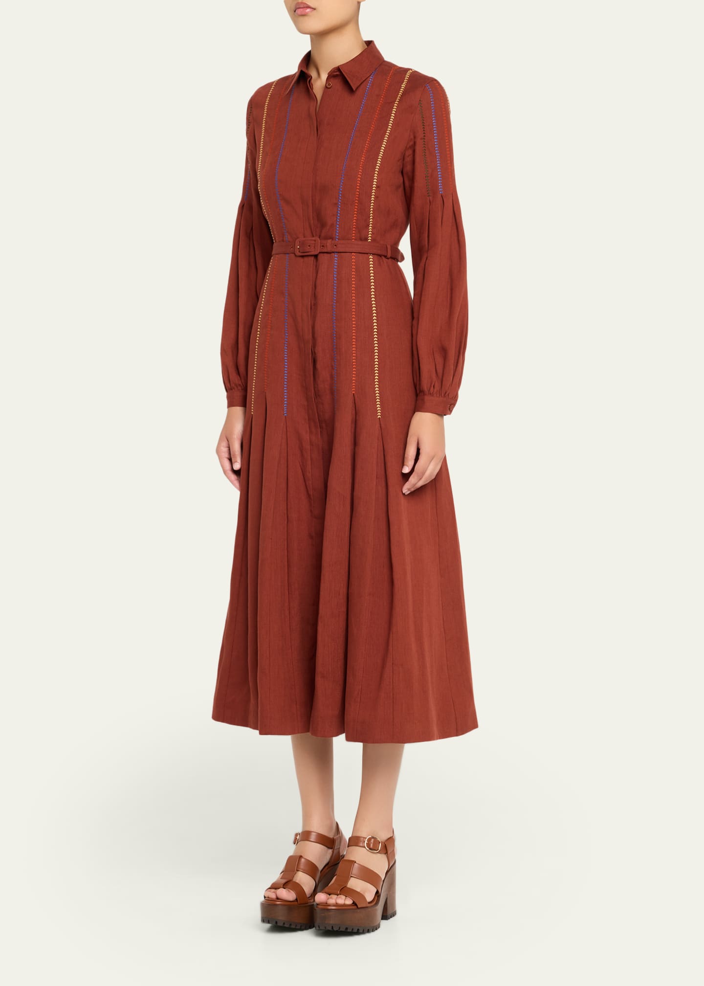 Gabriela Hearst Aleka Pleated Linen Long-Sleeve Midi Shirtdress Image 4 of 5