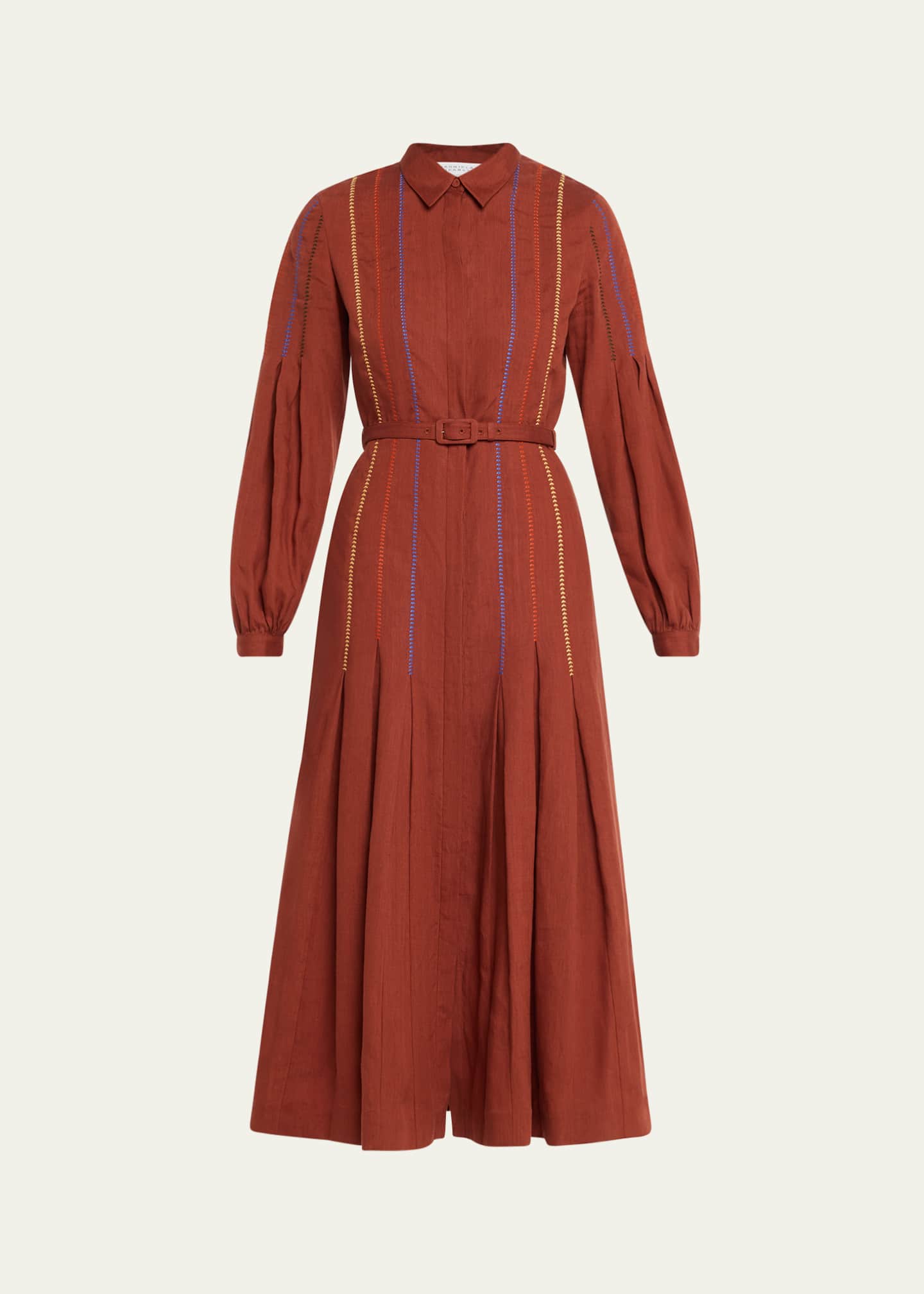 Gabriela Hearst Aleka Pleated Linen Long-Sleeve Midi Shirtdress Image 1 of 5