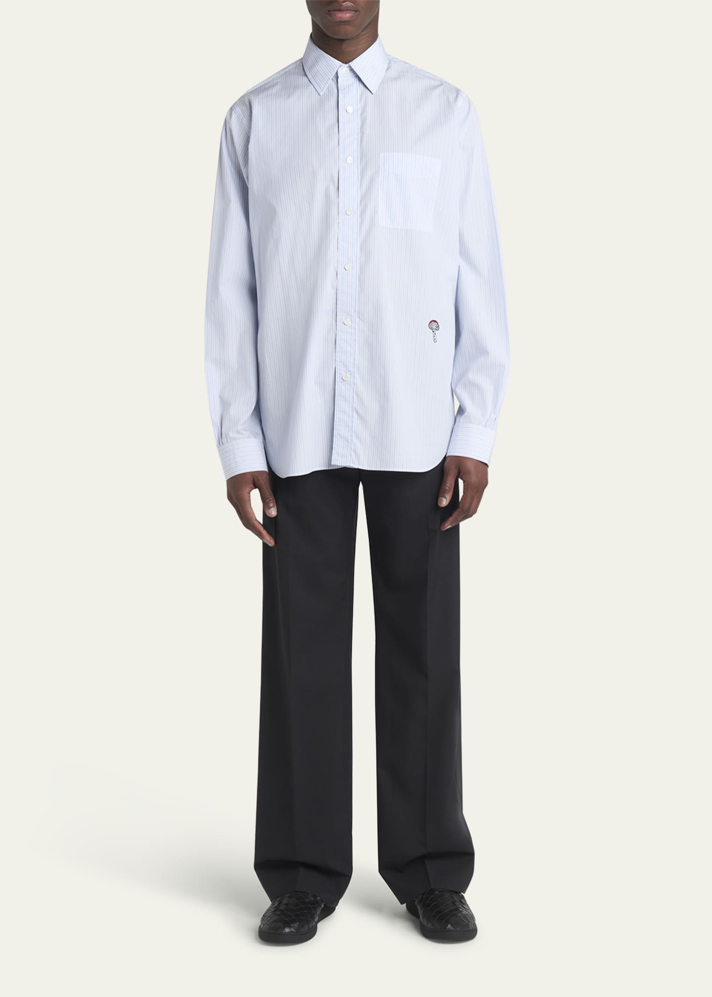 Bottega Veneta Men's Fine Stripe Poplin Shirt with Embroidered Mushroom Patch Image 2 of 5