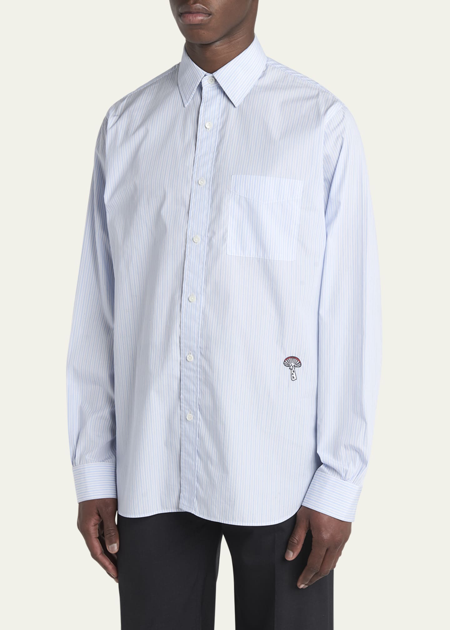 Bottega Veneta Men's Fine Stripe Poplin Shirt with Embroidered Mushroom Patch Image 4 of 5