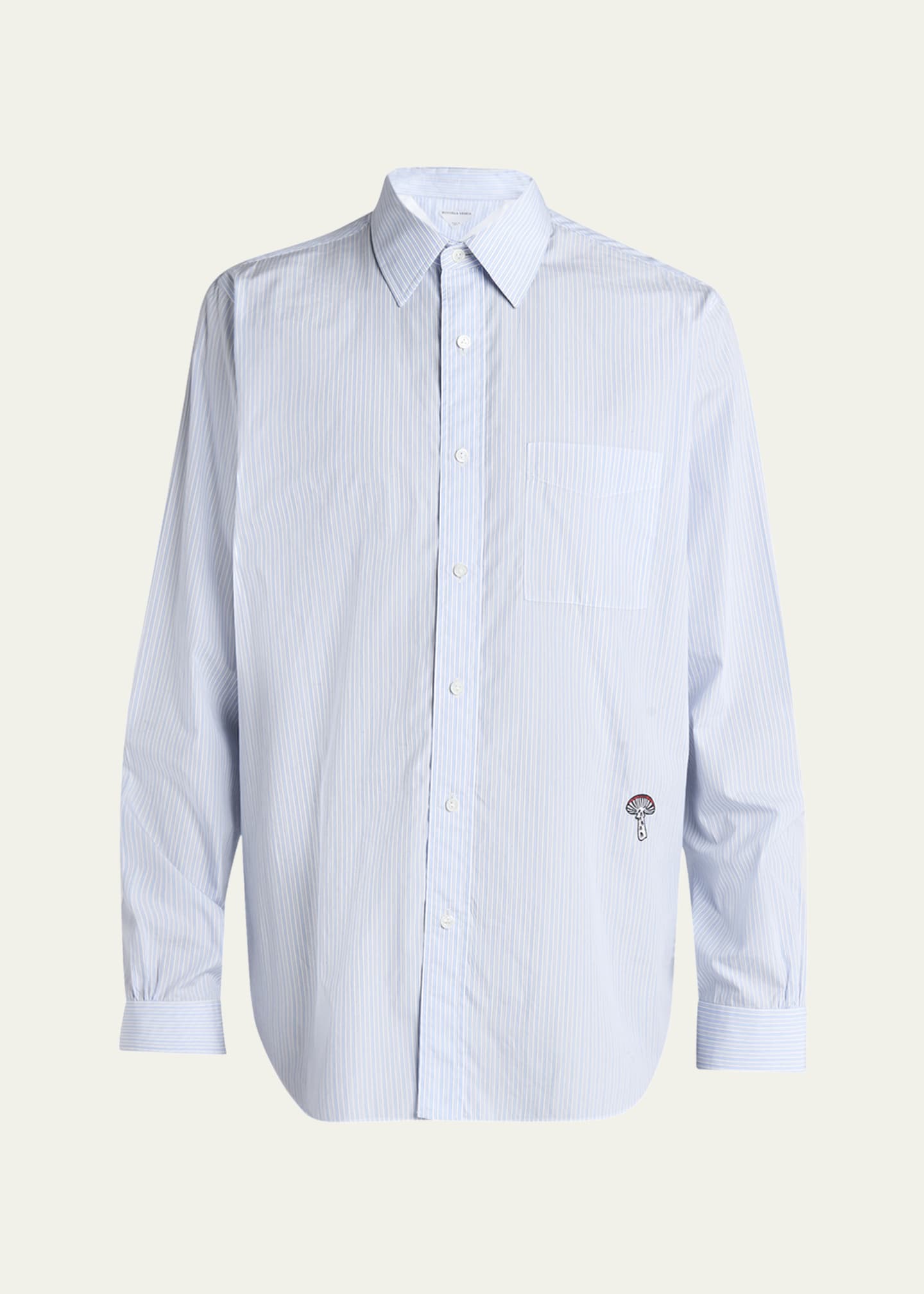 Bottega Veneta Men's Fine Stripe Poplin Shirt with Embroidered Mushroom Patch Image 1 of 5