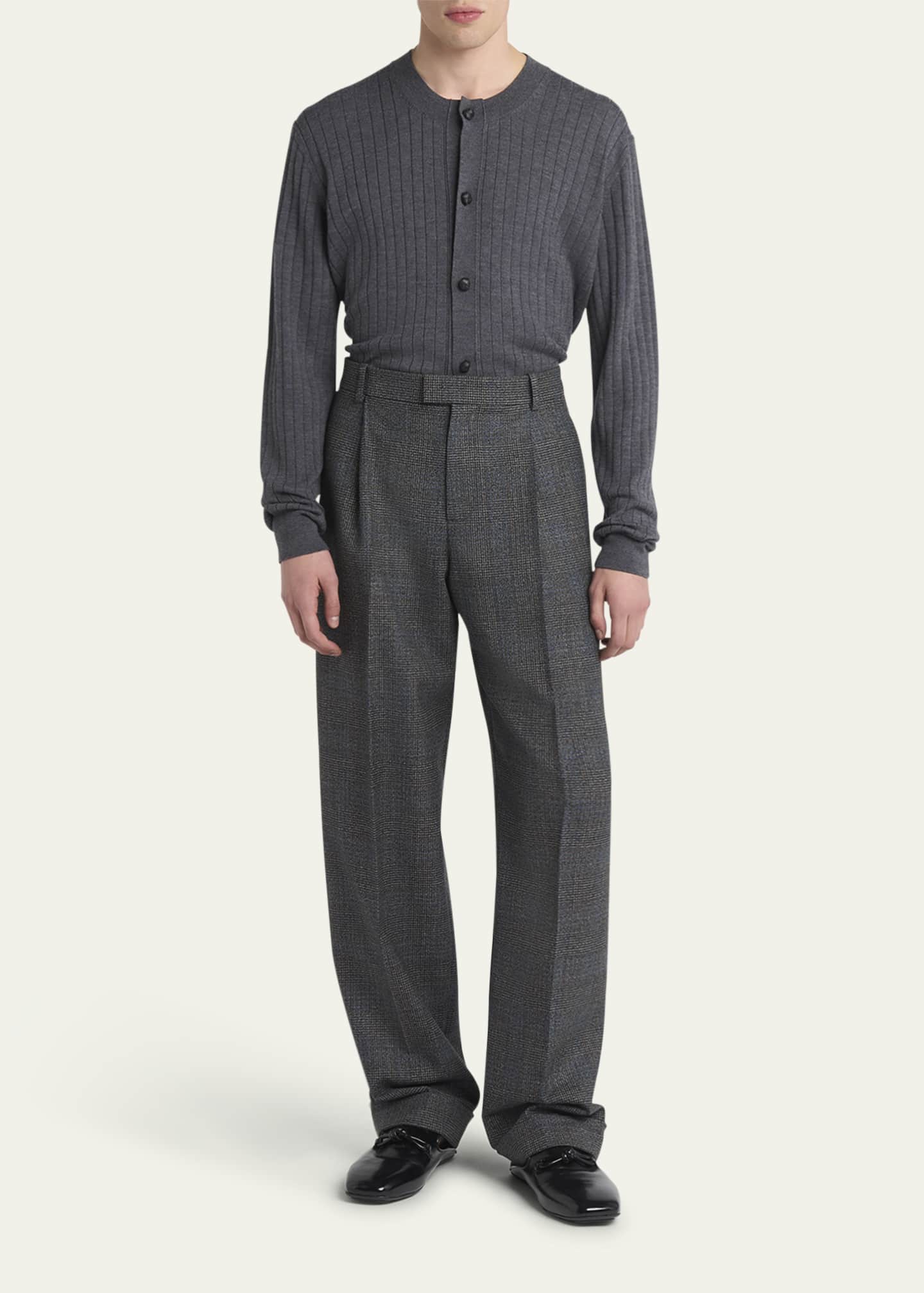 Bottega Veneta Men's Prince of Wales Wool Wide-Leg Trousers Image 2 of 5