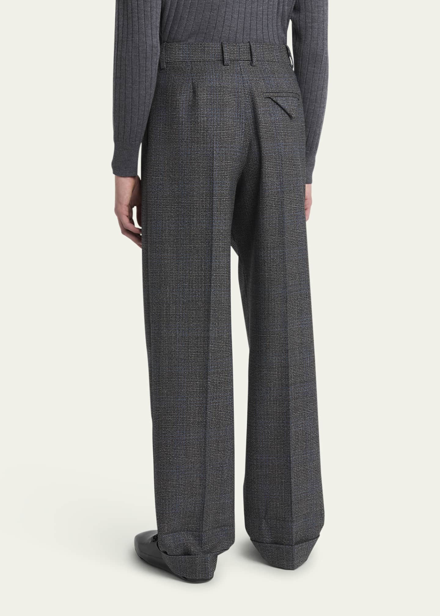 Bottega Veneta Men's Prince of Wales Wool Wide-Leg Trousers Image 3 of 5