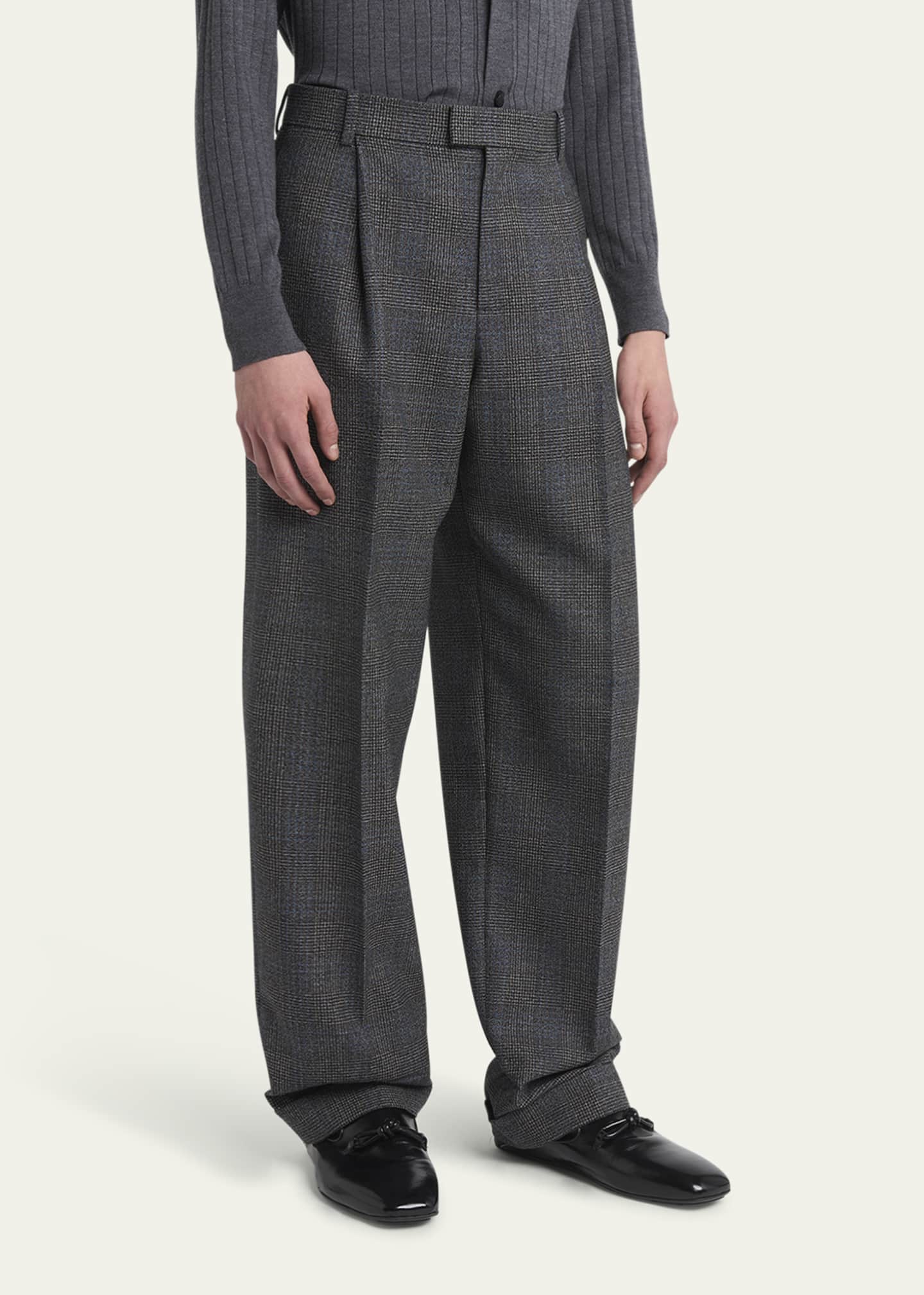 Bottega Veneta Men's Prince of Wales Wool Wide-Leg Trousers Image 4 of 5
