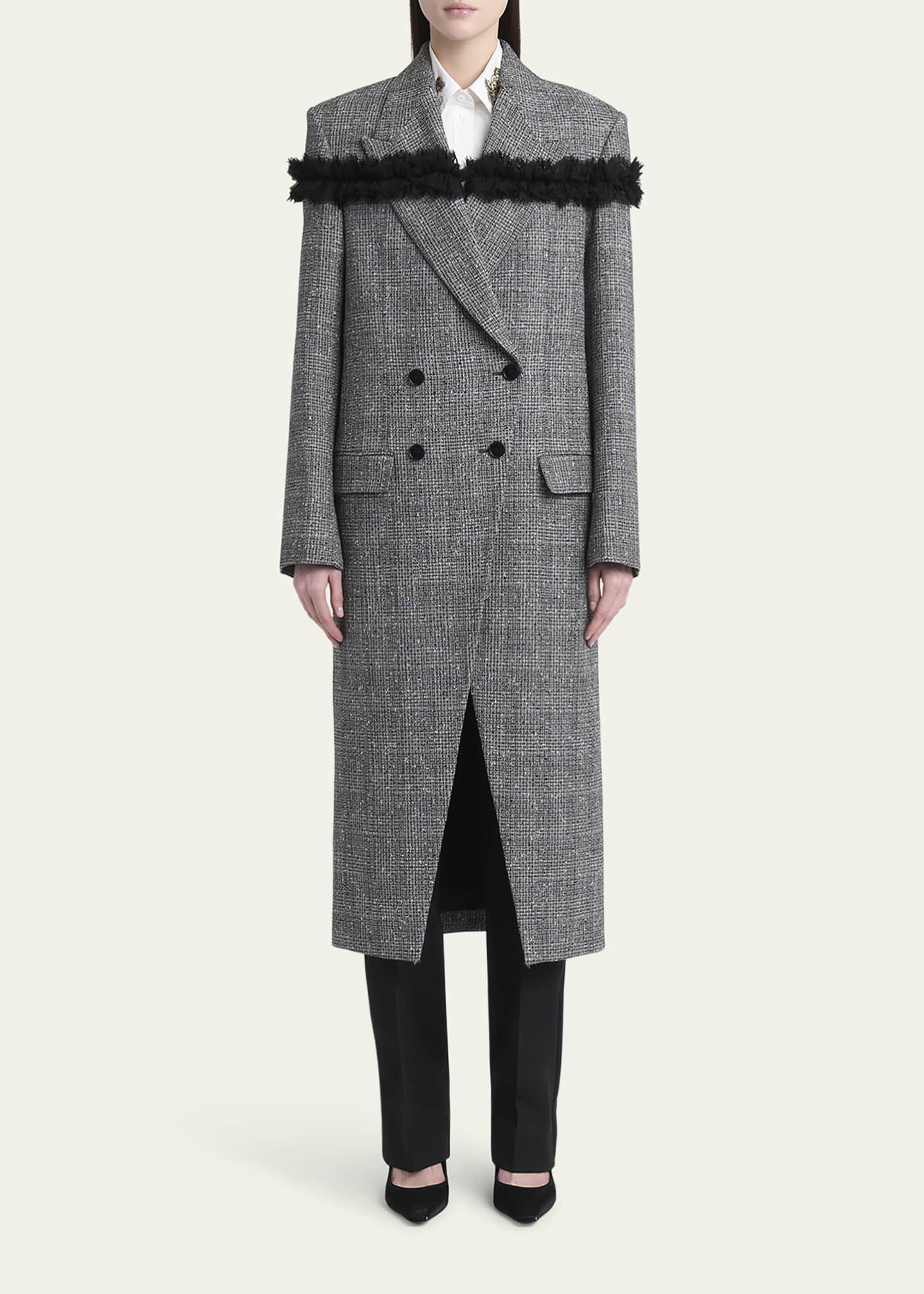 McQueen Ruffle Paillette Check Tweed Double-Breasted Long Coat Image 2 of 5