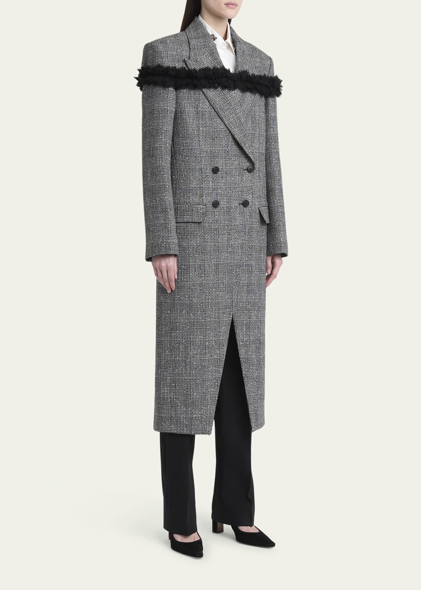 McQueen Ruffle Paillette Check Tweed Double-Breasted Long Coat Image 4 of 5