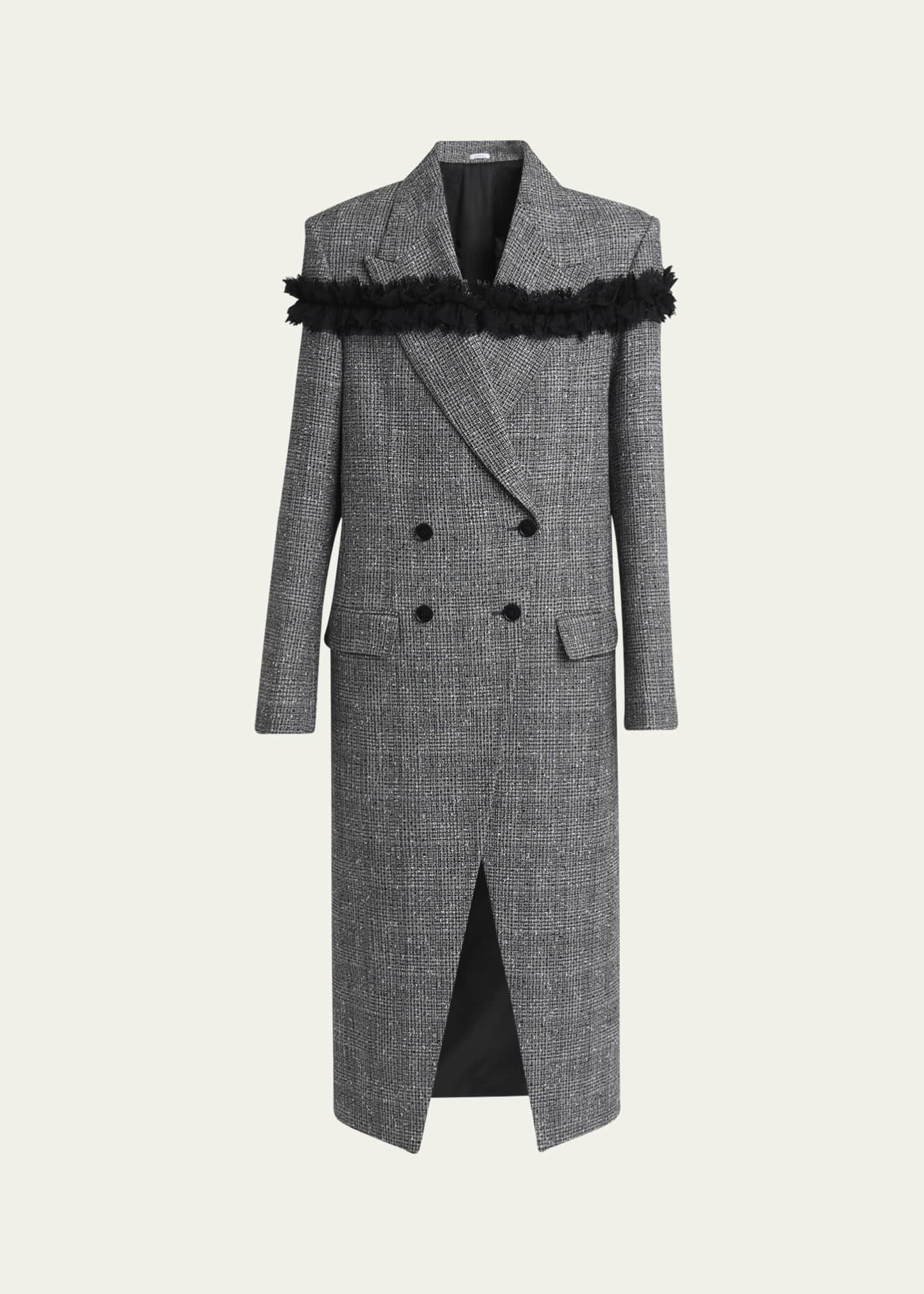 McQueen Ruffle Paillette Check Tweed Double-Breasted Long Coat Image 1 of 5