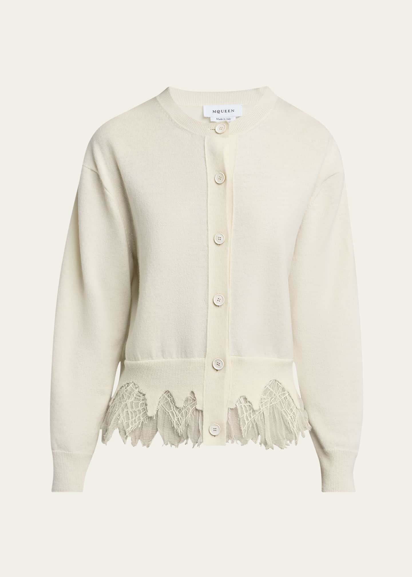 McQueen Lace-Hem Cashmere Crewneck Cardigan Image 1 of 5