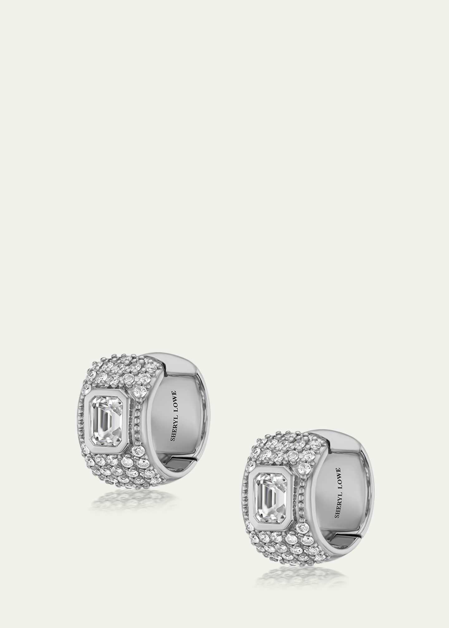 Sheryl Lowe Emerald-Cut White Crystal Stone on Wide Pave Huggies Image 2 of 2