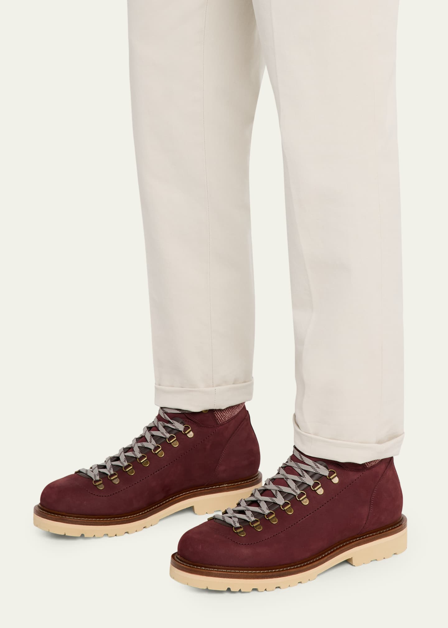 Brunello Cucinelli Men's Nubuck Fabric-Collar Hiking Boots