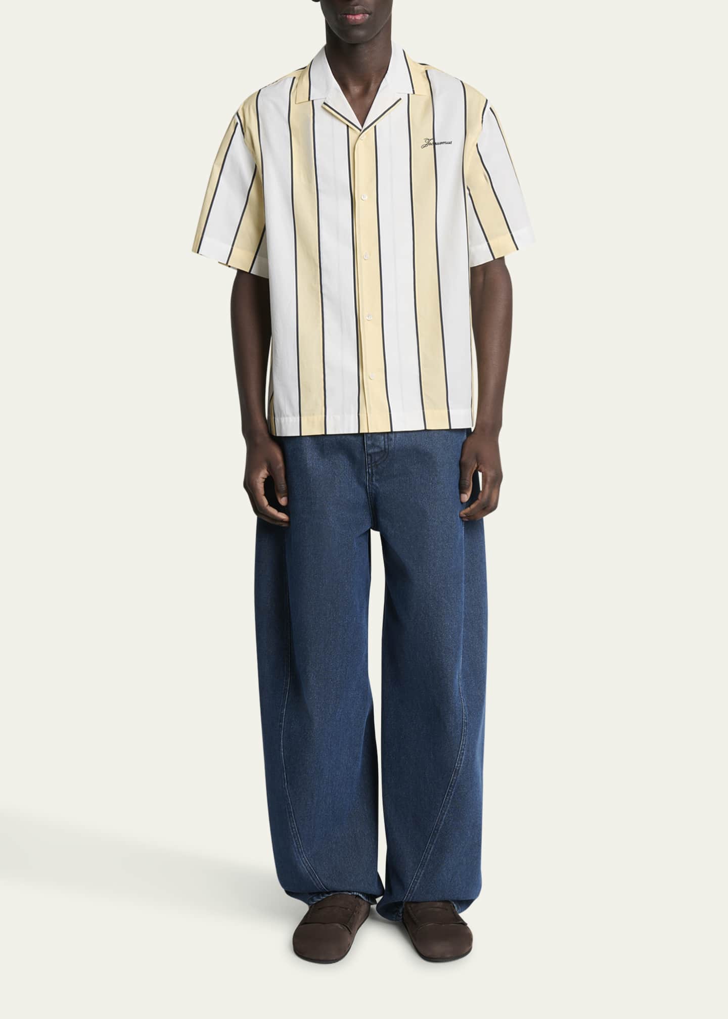 Jacquemus Men's Cotton Stripe Logo Camp Shirt Image 2 of 5
