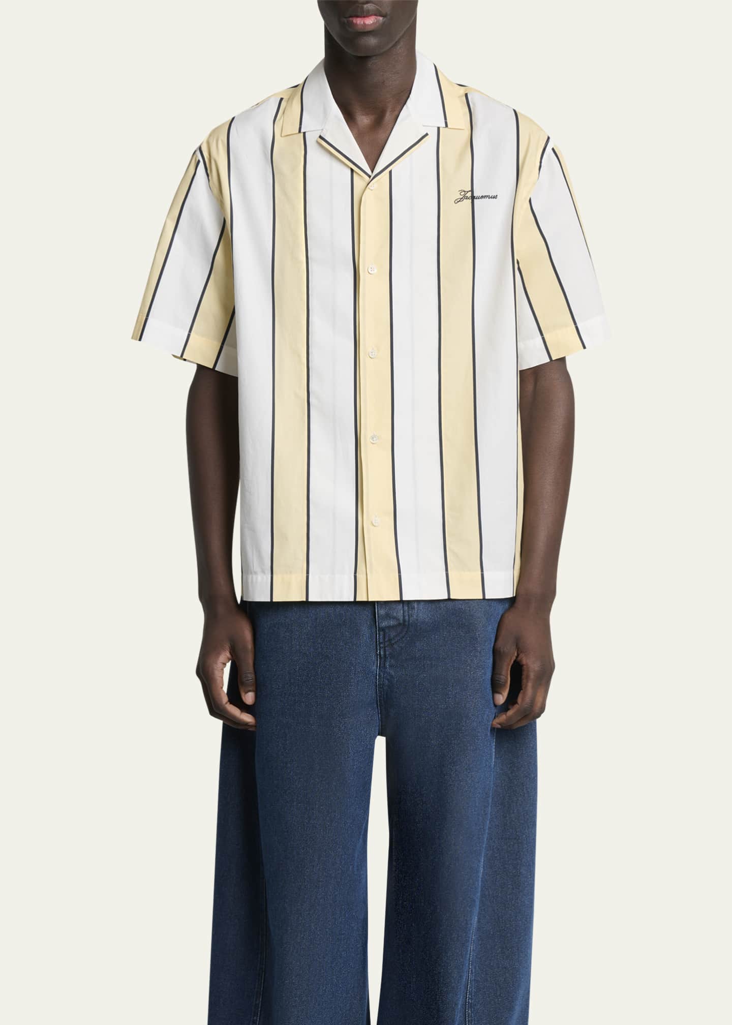 Jacquemus Men's Cotton Stripe Logo Camp Shirt Image 4 of 5