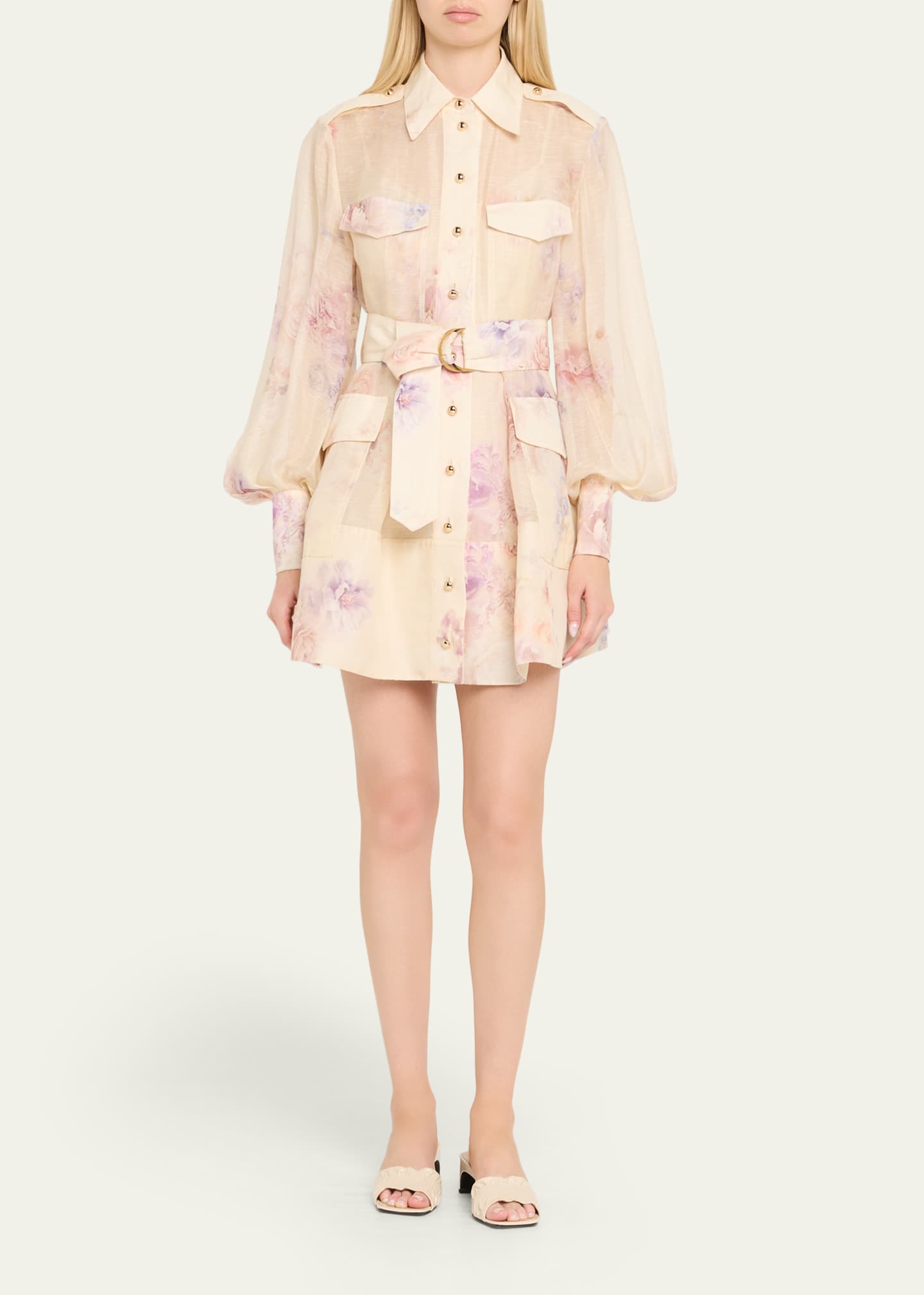 Zimmermann Floral Long-Sleeve Utility Mini Dress Image 2 of 5
