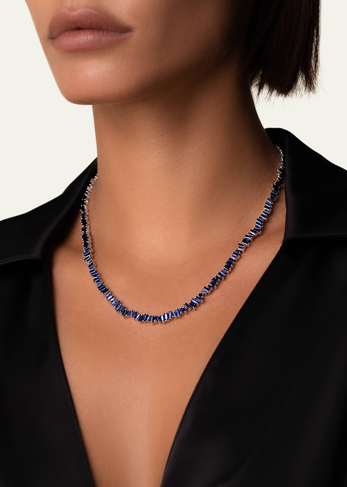 Suzanne Kalan 18K White Gold Tennis Necklace with Dark Blue Sapphire Baguettes Image 2 of 2