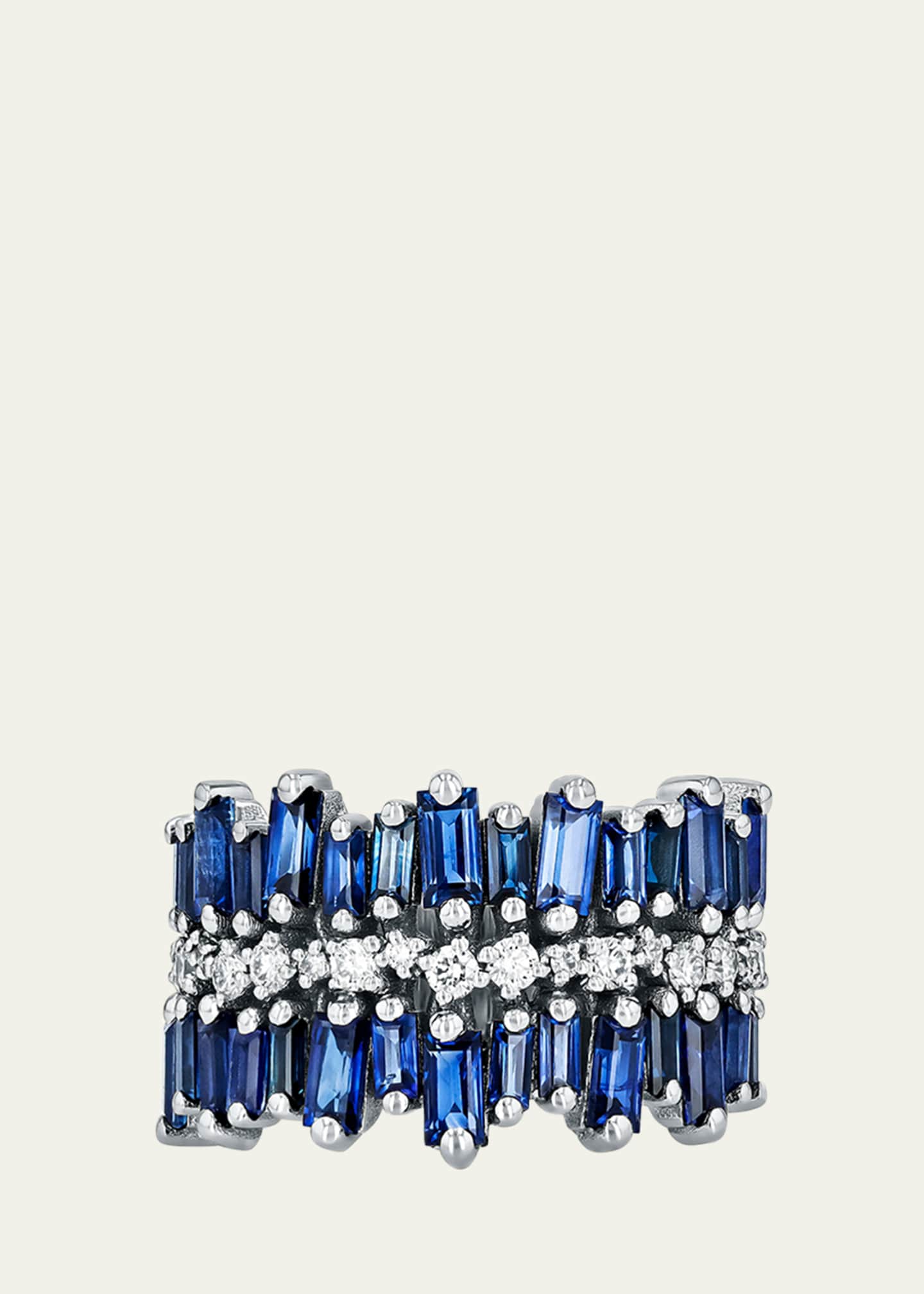Suzanne Kalan 18K White Gold Double Row Halfway Band with Blue Sapphire Baguettes and White Diamonds Image 1 of 2