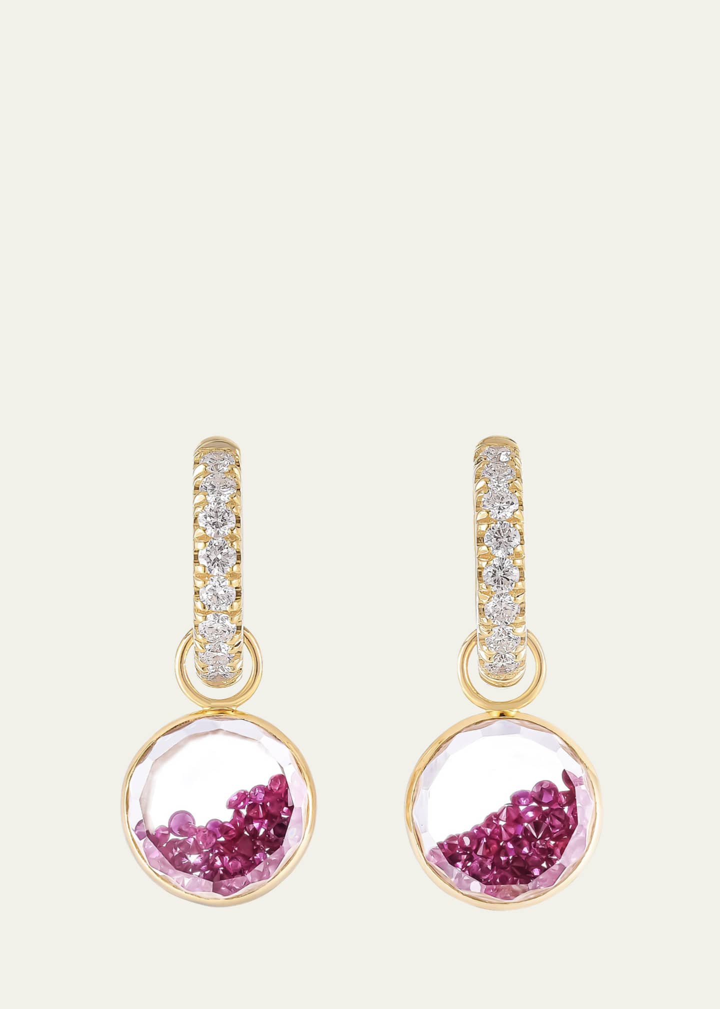 Moritz Glik 18K Yellow Gold Gala Shaker Huggie Hoop Earrings with Rubies, Diamonds and Kaleidoscope Shaker