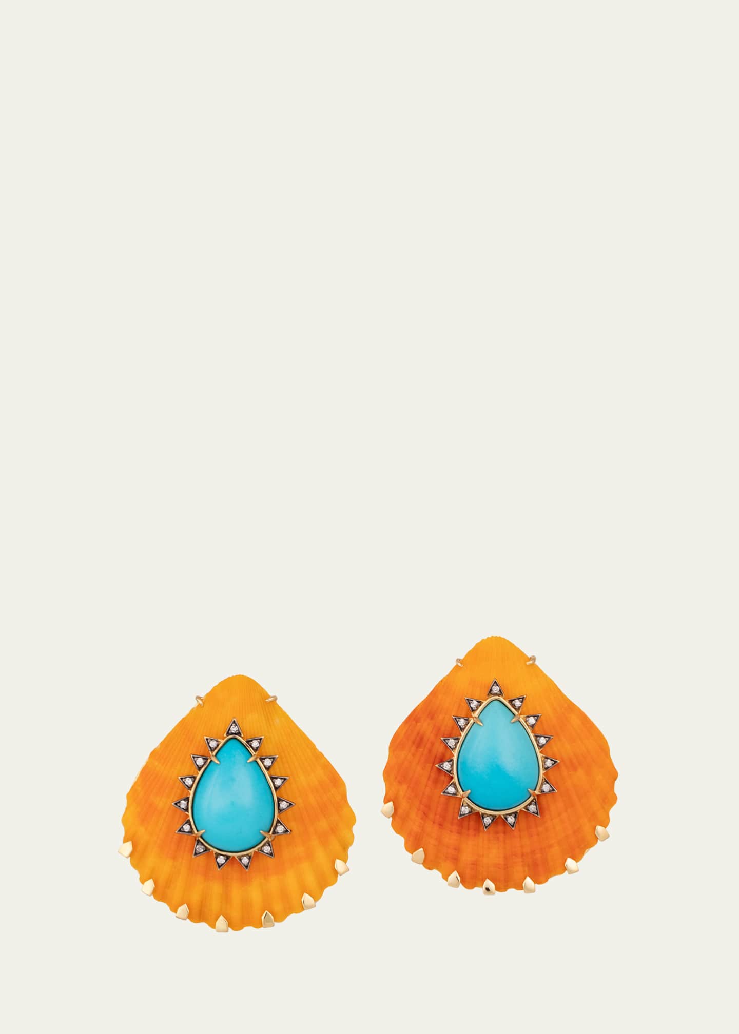 Silvia Furmanovich 18K Yellow Gold Orange Shell Earrings with Diamonds and Turquoise