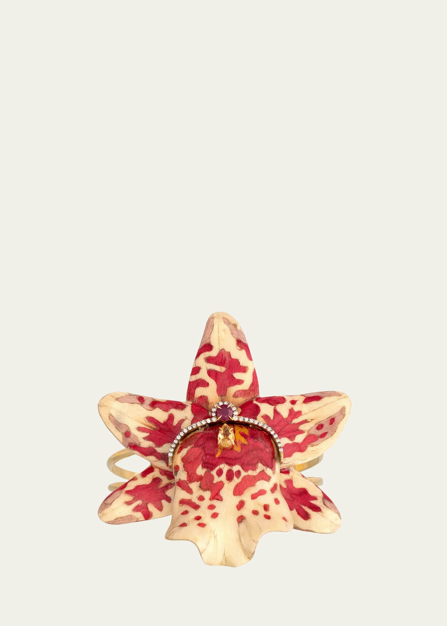 Silvia Furmanovich 18K Yellow Gold White and Pink Marquetry Orchid Bracelet with Diamonds, Ruby and Pink Tourmaline
