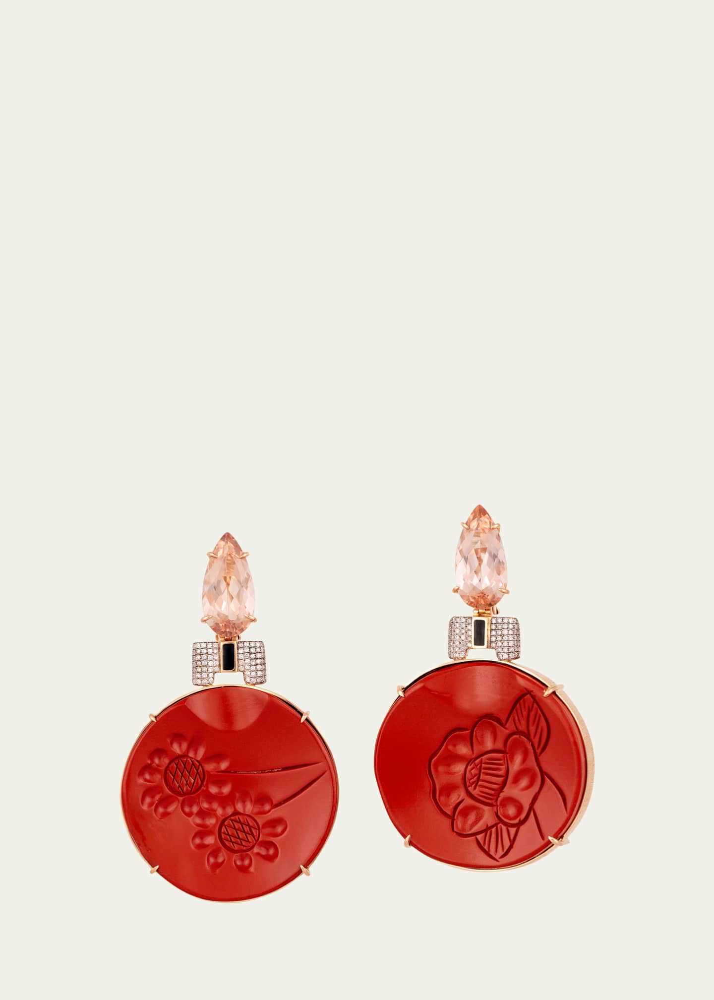 Silvia Furmanovich 18K Rose Gold Round Red Lacquered Wood Earrings with Black Enamel, Diamonds and Morganite
