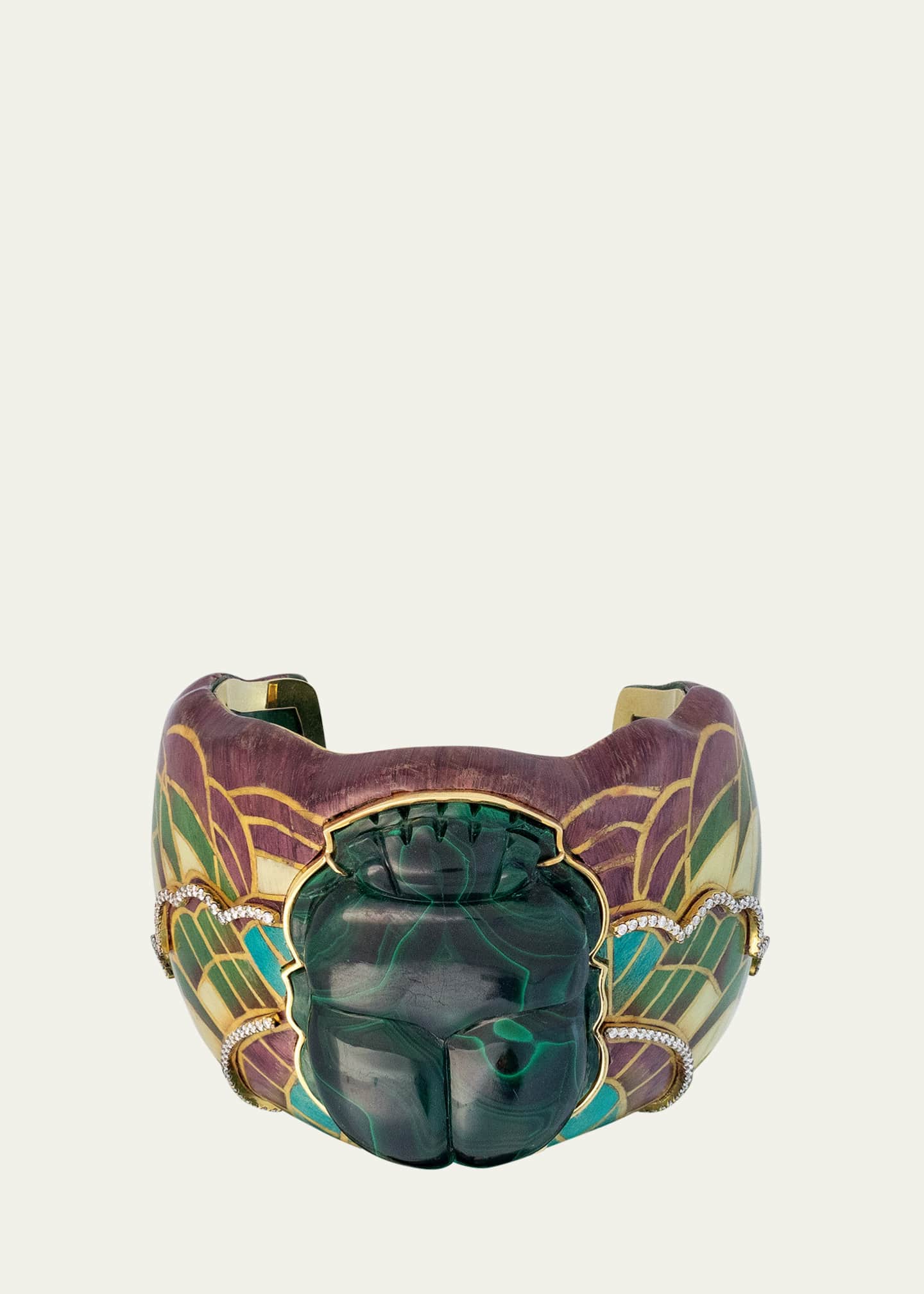 Silvia Furmanovich 18K Yellow Gold Egyptian Marquetry Bracelet with Light Brown Diamonds and Malachite Scarab