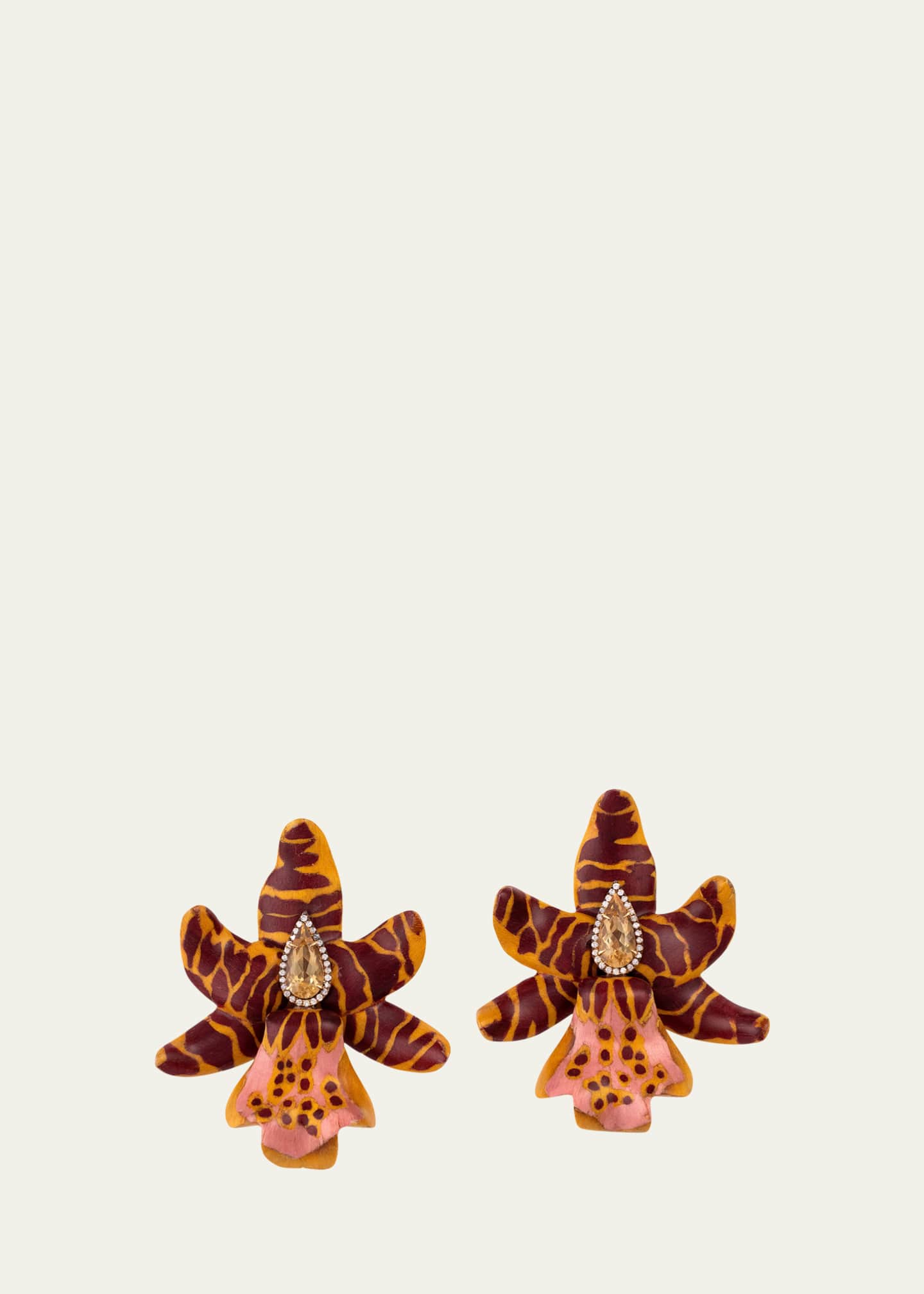 Silvia Furmanovich 18K Yellow Gold Earthy Marquetry Orchid Earrings with Diamonds and Citrine