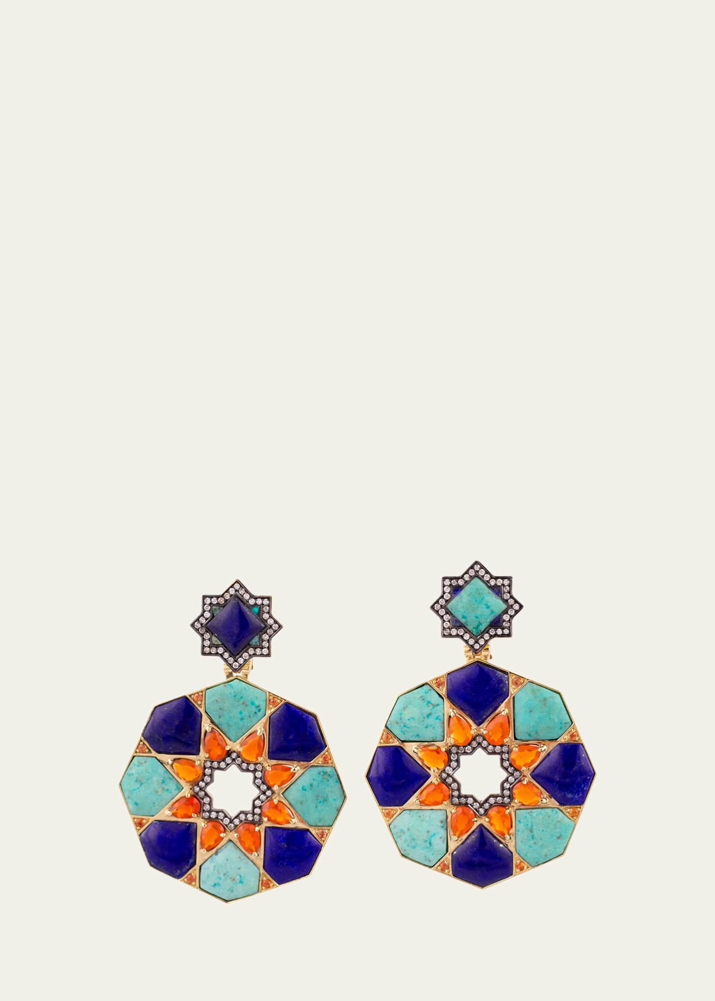 Silvia Furmanovich 18K Yellow Gold Geometric Earrings with Chrysocolla, Diamonds, Fire Opal and Lanaja Sapphires