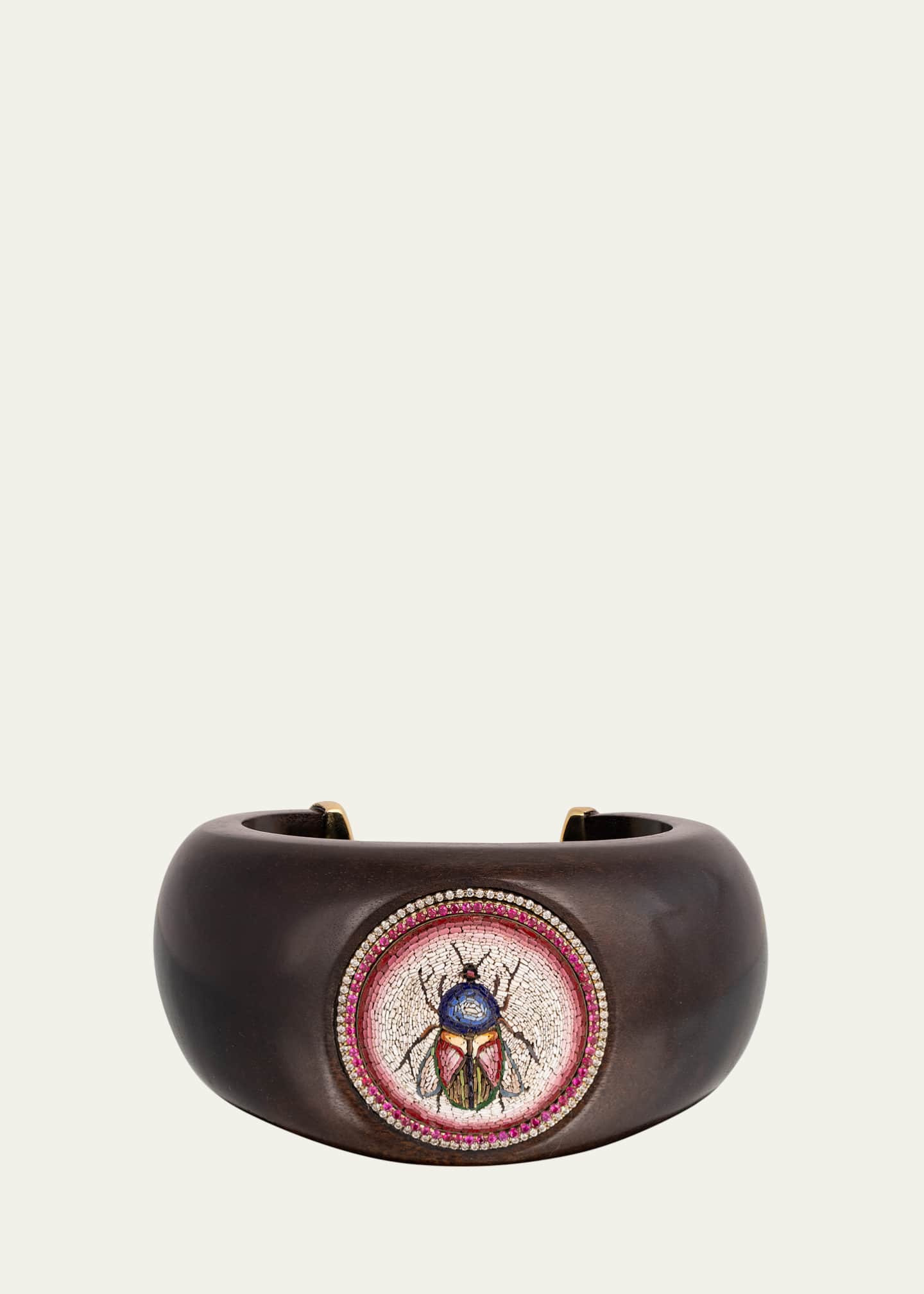 Silvia Furmanovich 18K Yellow Gold Brauna Wood Cuff Bracelet with Scarab Micro Mosaic, Diamonds and Rubies