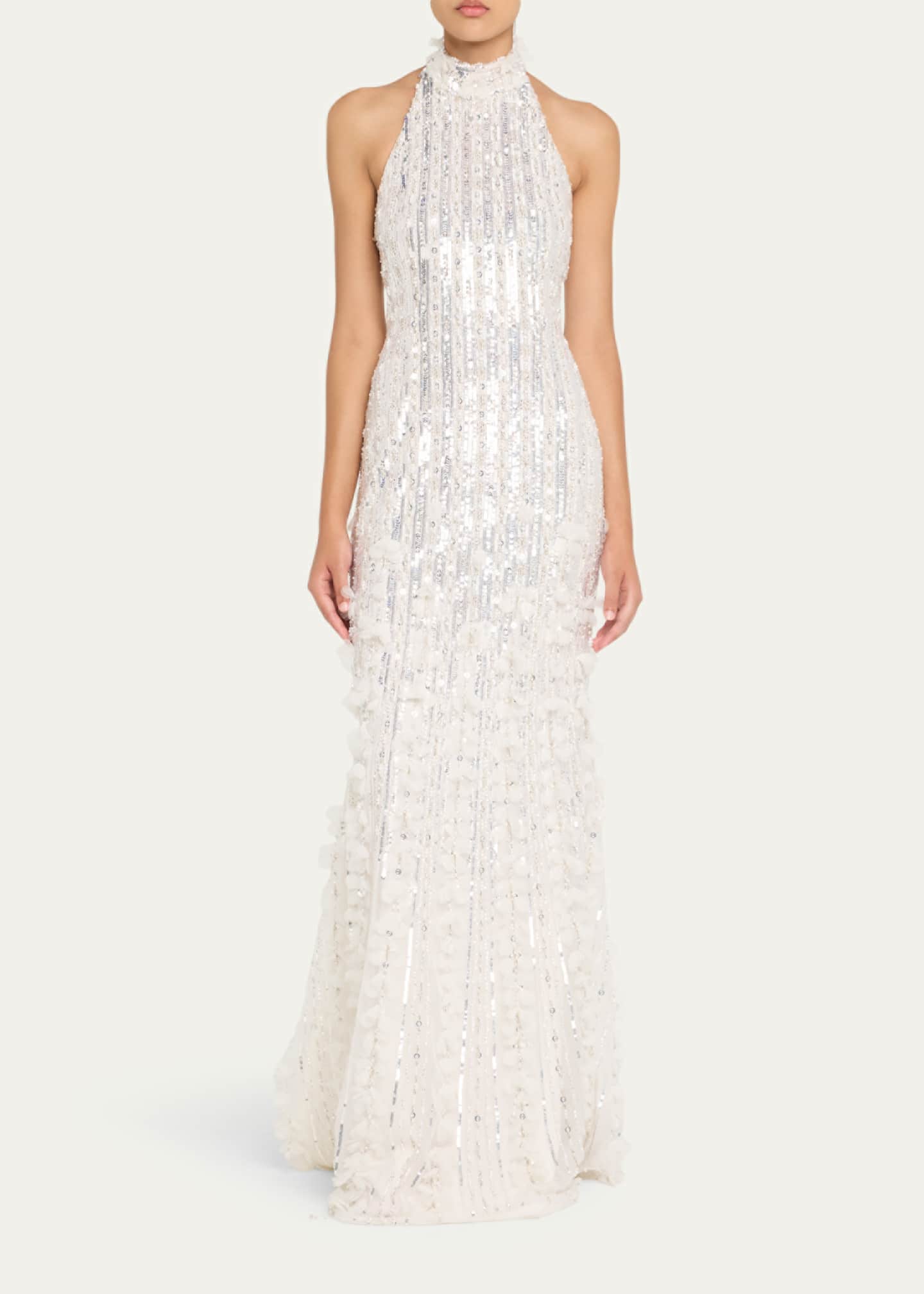 Sequined Tulle Petal Halter Gown