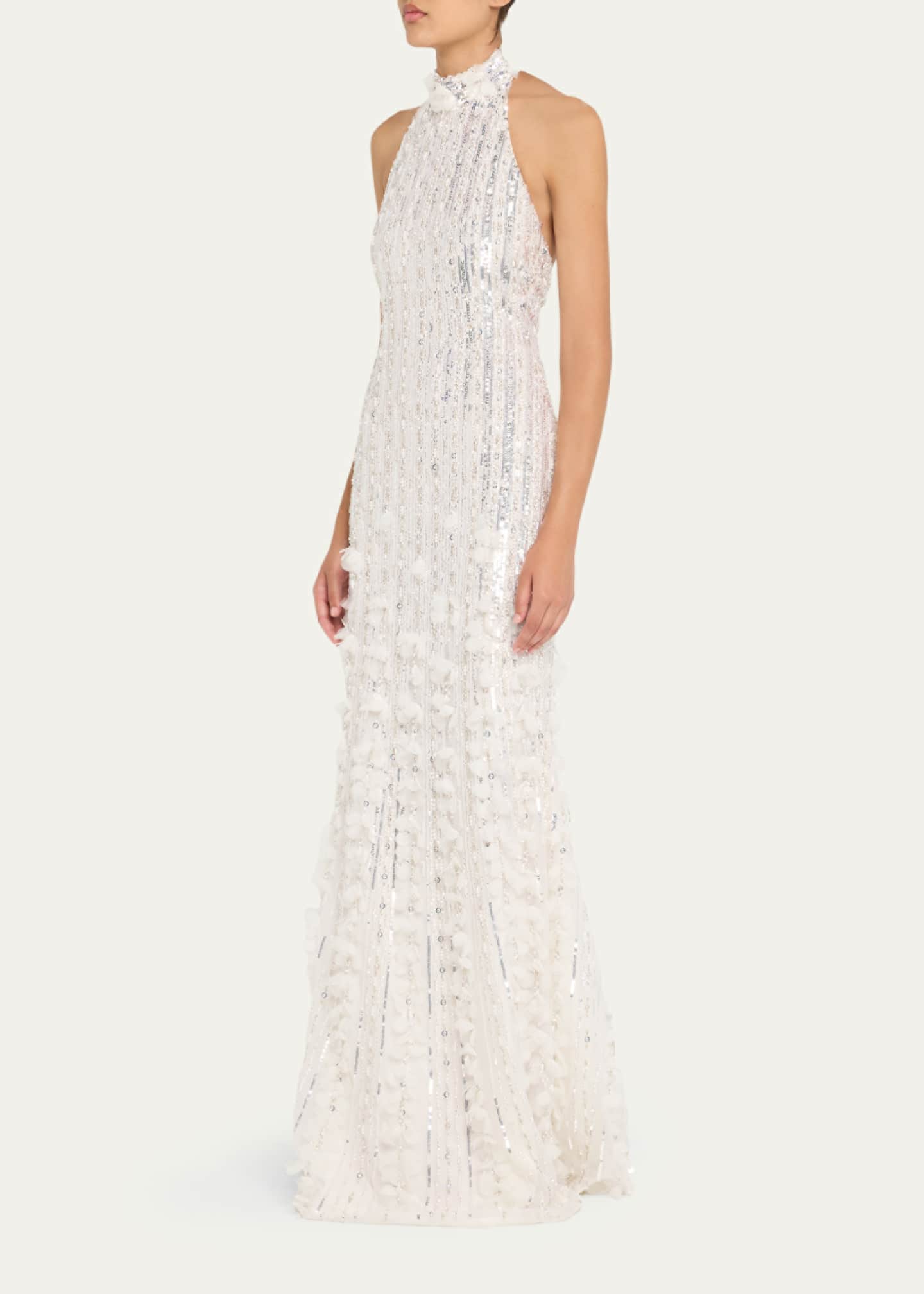 Sequined Tulle Petal Halter Gown