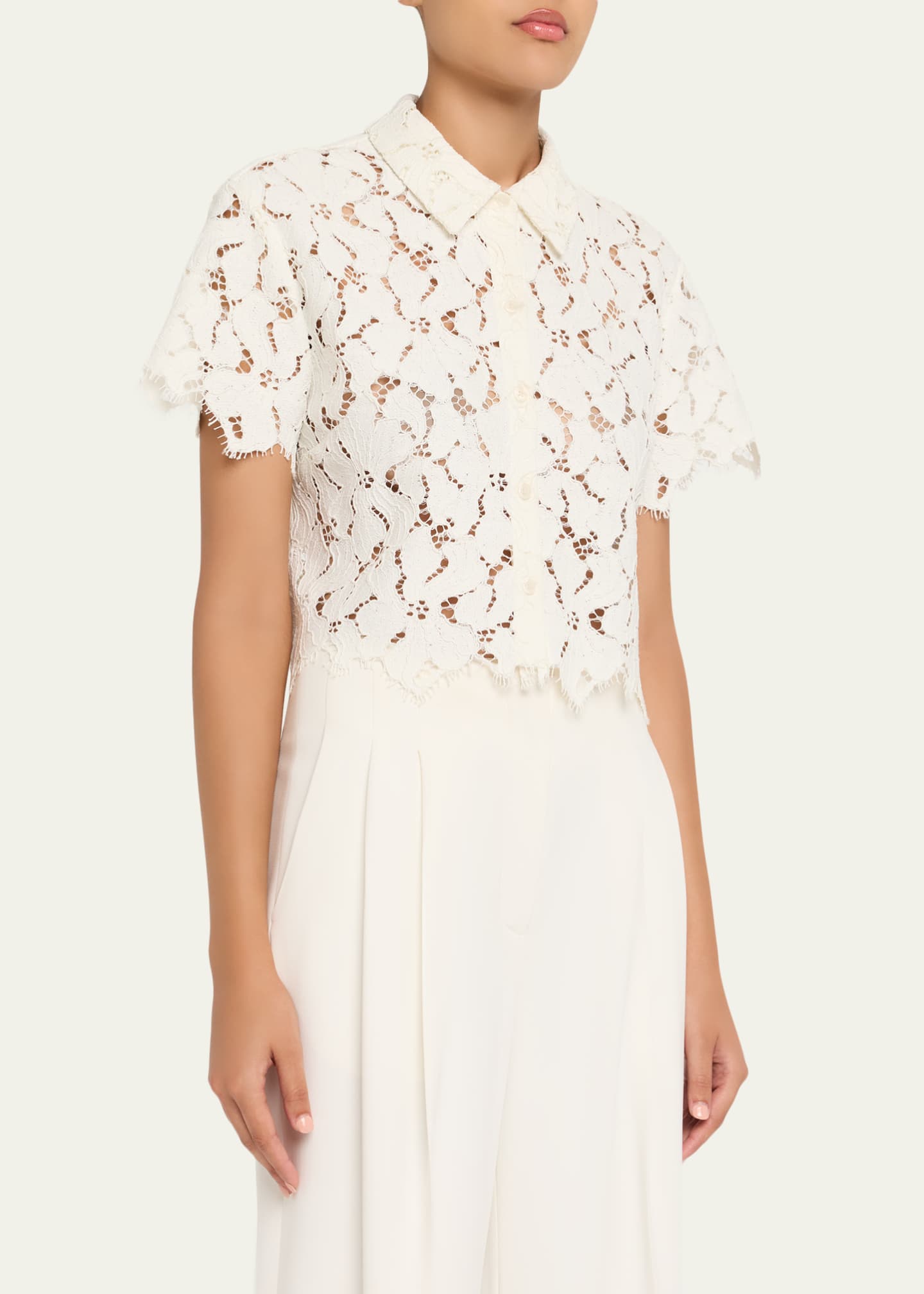 SIMKHAI Marjorie Short-Sleeve Lace Camp Shirt Image 4 of 5