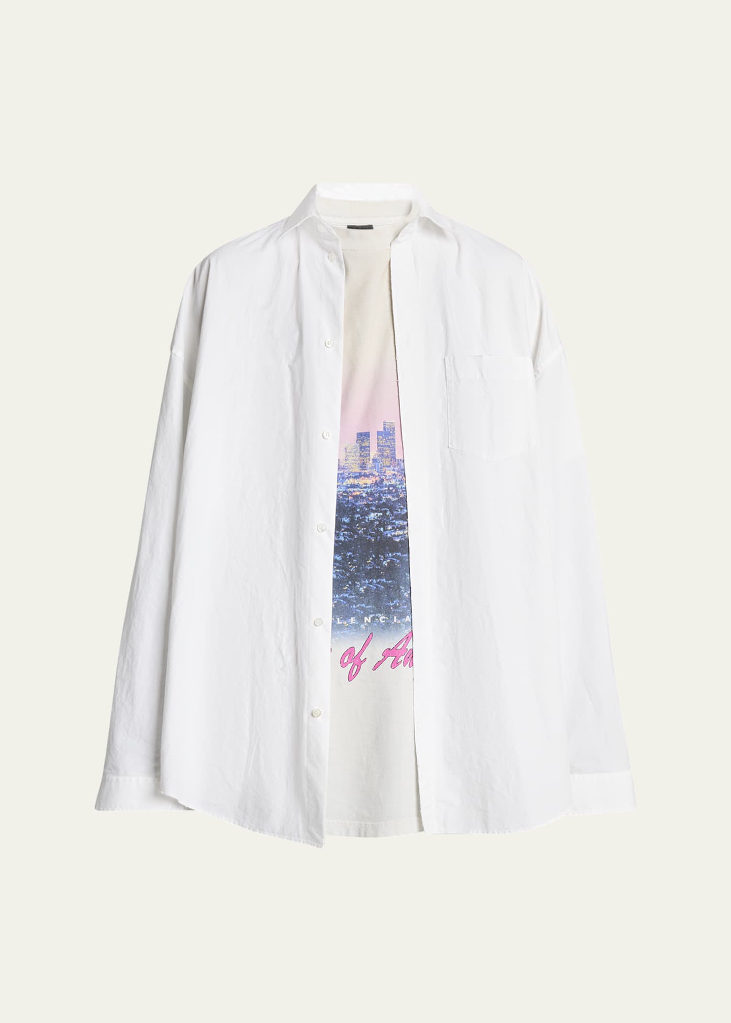 Balenciaga Men's Poplin Los Angeles Double-Layer T-Shirt Image 1 of 5