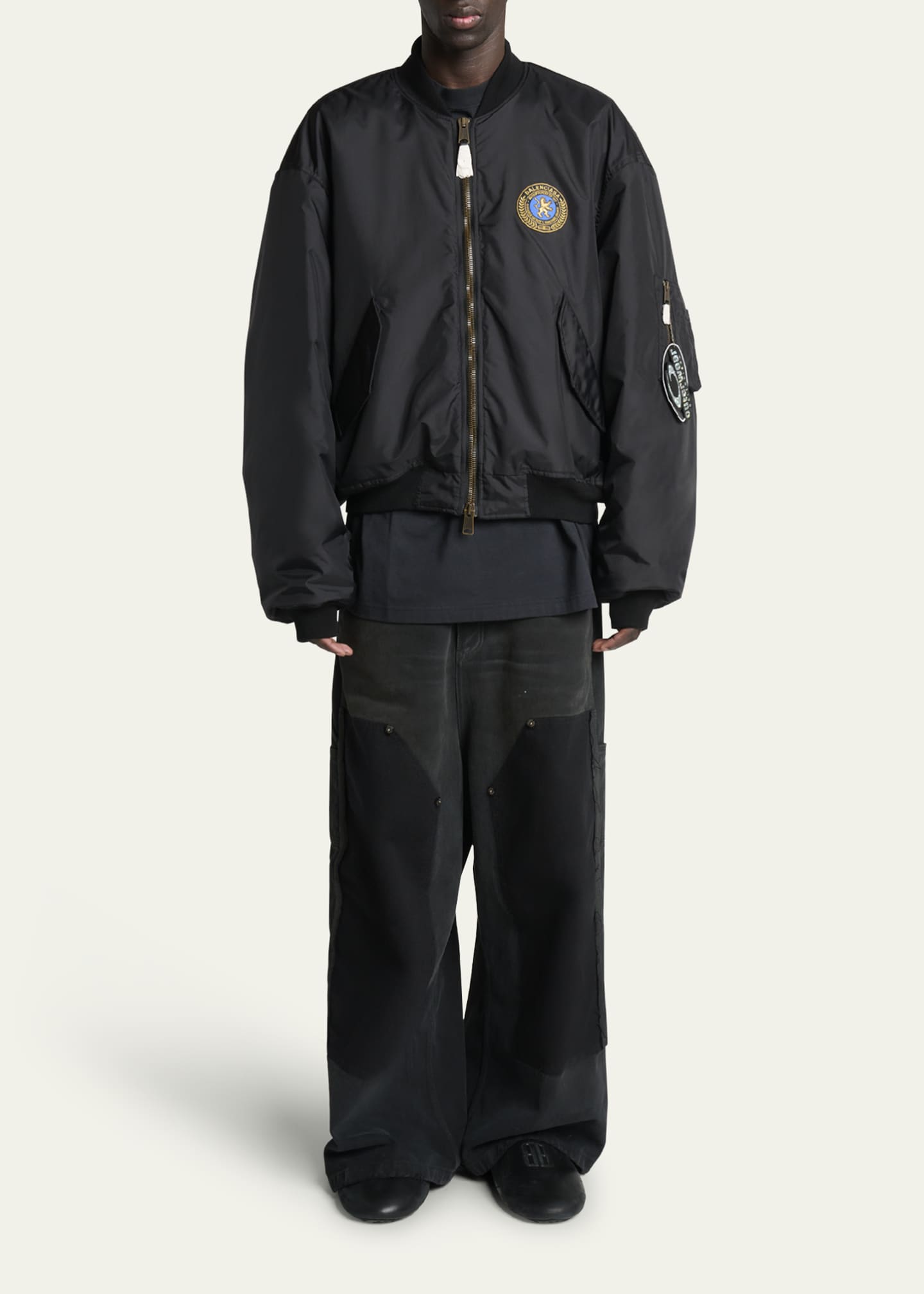 Balenciaga Men's Crest Patch Oversized Nylon Bomber Jacket Image 2 of 5
