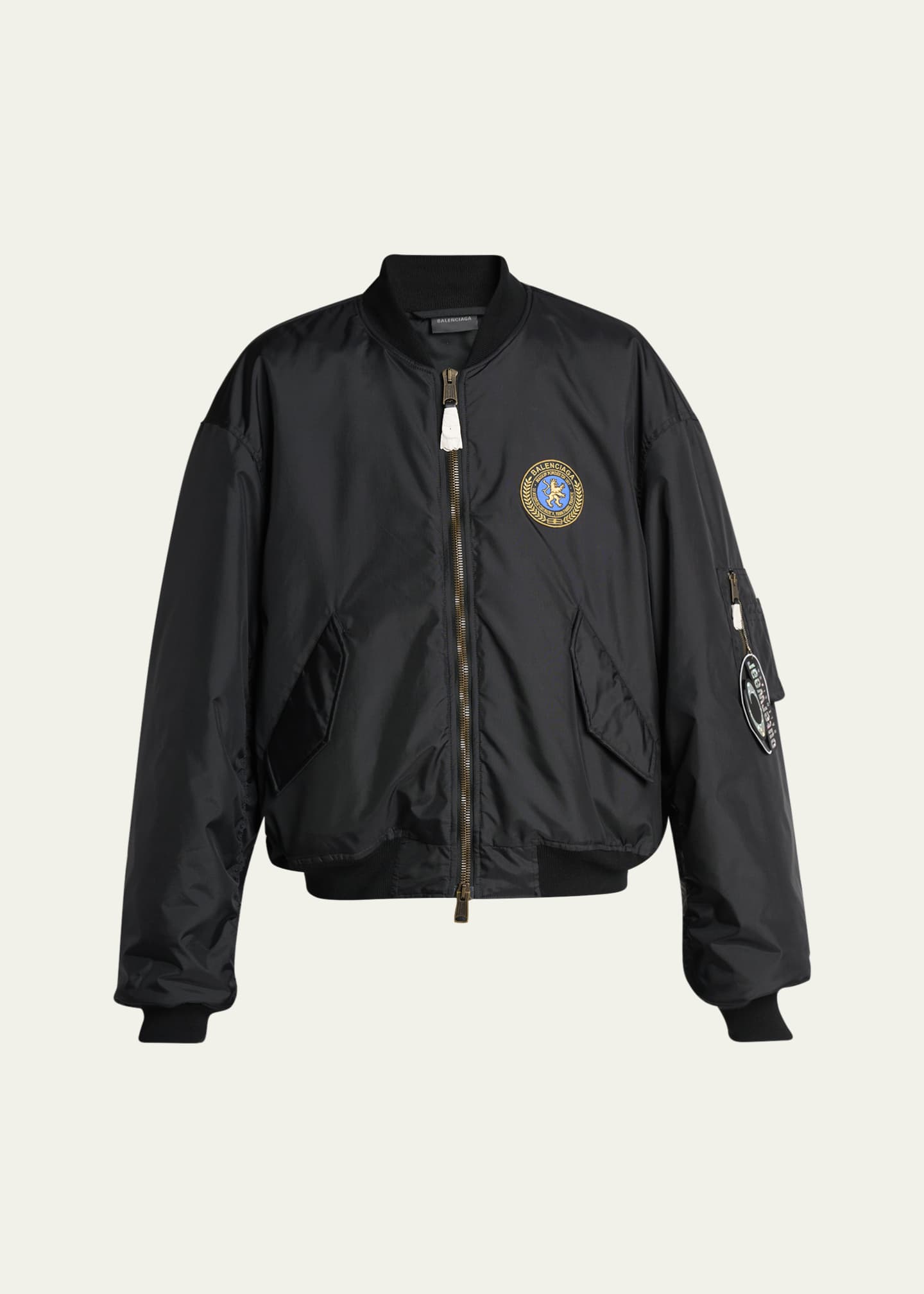 Balenciaga Men's Crest Patch Oversized Nylon Bomber Jacket Image 1 of 5