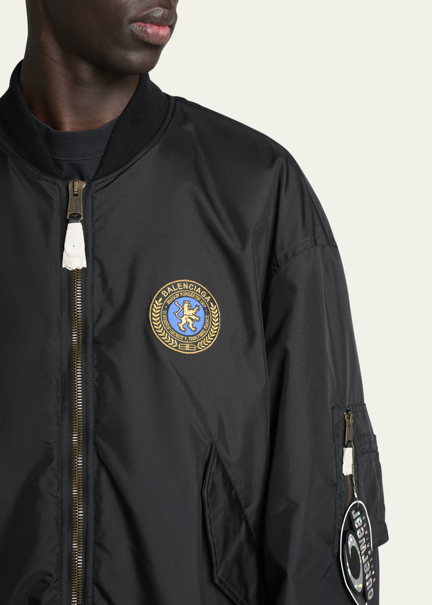 Balenciaga Men's Crest Patch Oversized Nylon Bomber Jacket Image 5 of 5