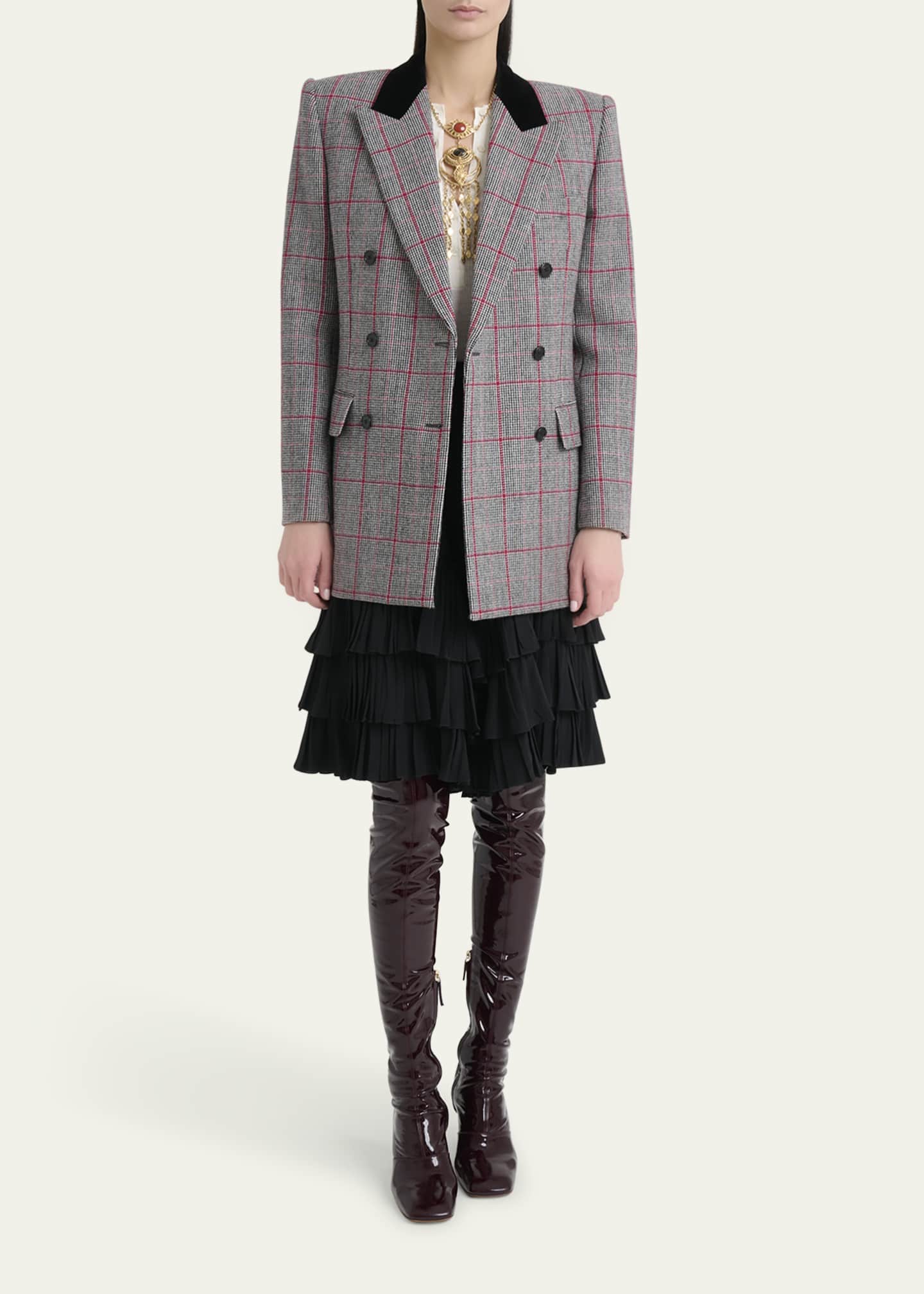 Chloe Check Wool Velvet-Trim Double-Breasted Jacket Image 2 of 5