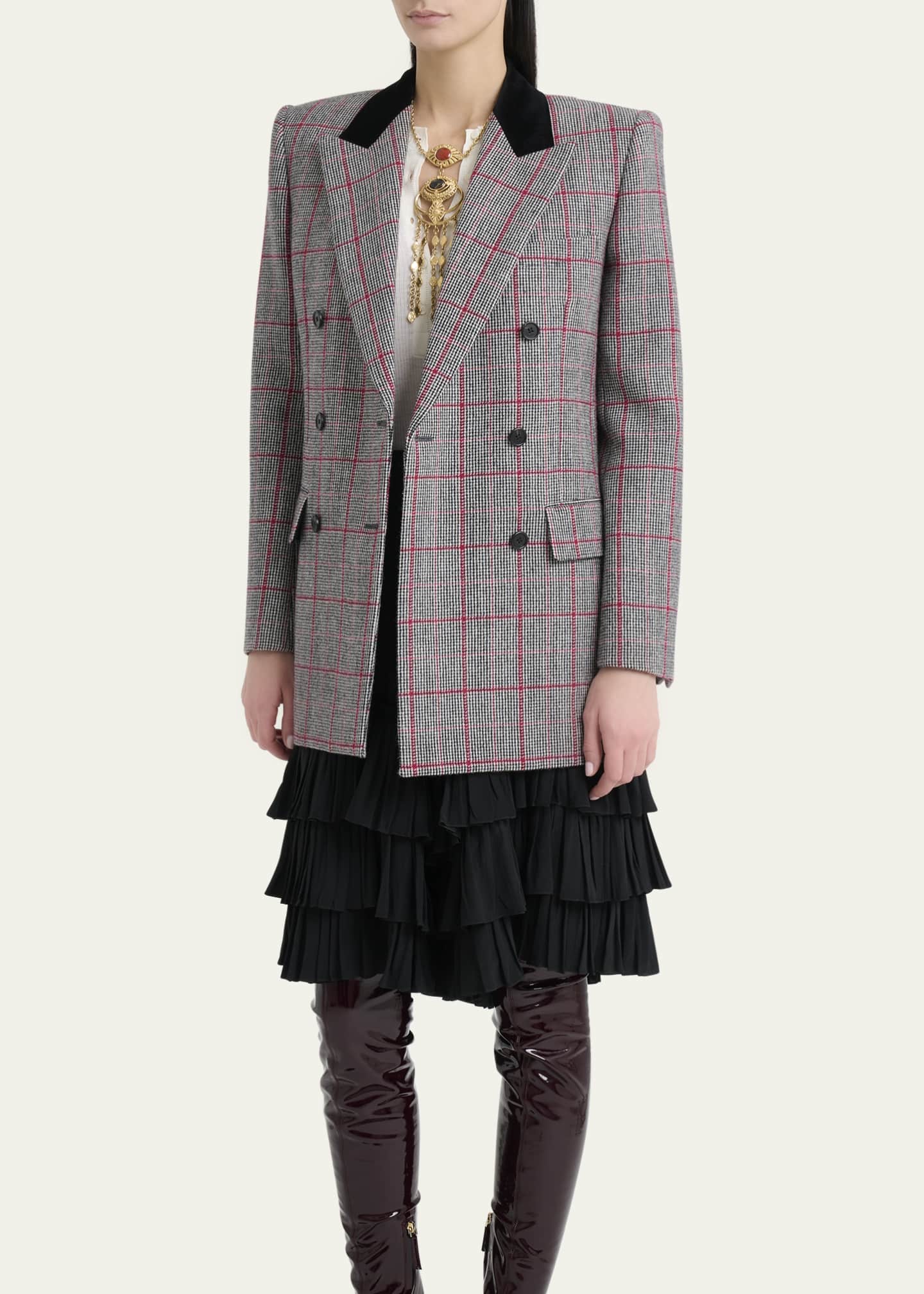 Chloe Check Wool Velvet-Trim Double-Breasted Jacket Image 4 of 5